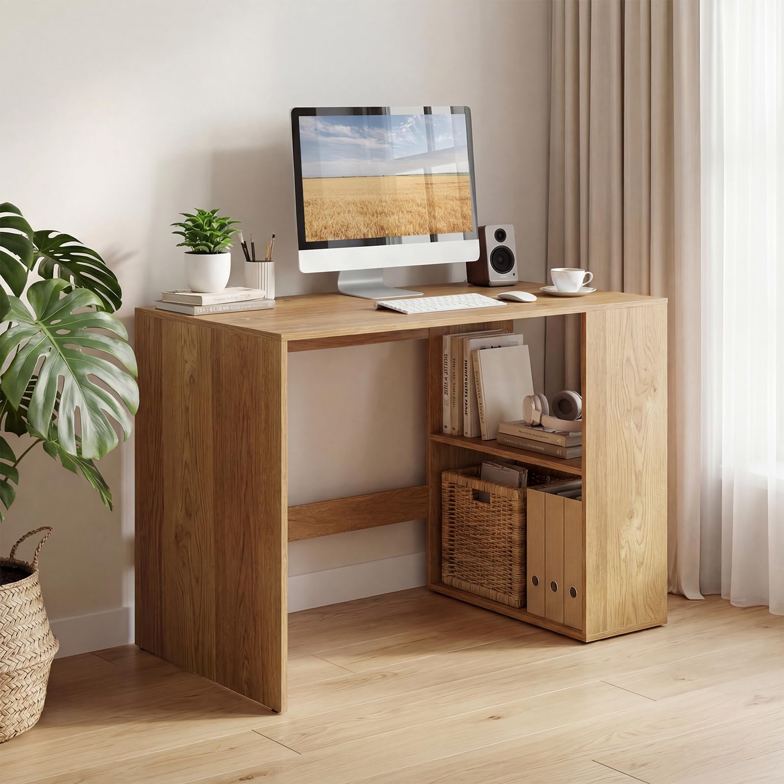 COSTWAY Escritorio con 2 Estantes Abiertos，112 x 60 cm, Mesa Escritorio Pequeño de Madera, Escritorio Ordenador Oficina despacho Dormitorio (Natural)