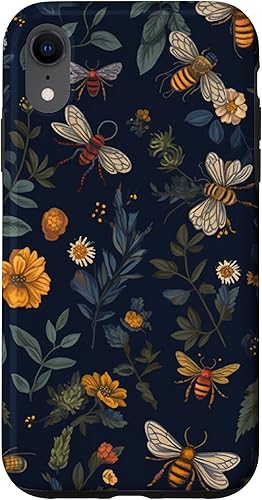 Funda para iPhone XR Bees and wildflowers on dark blue