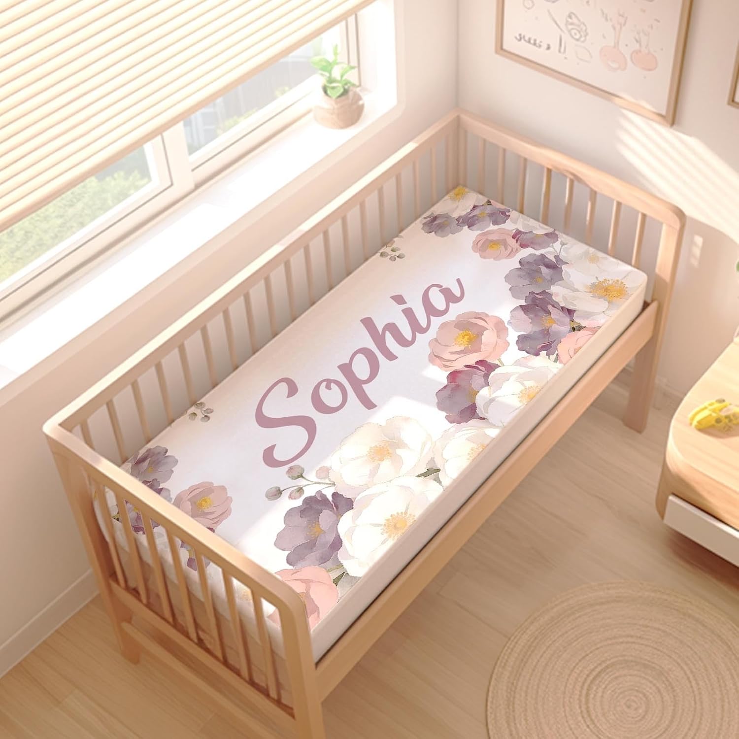 Personalized Baby Girl Crib Bedding Set, Custom Name Floral Rabbit Nursery Bedding, 3 Pcs with Flannel Blanket, Fitted Crib Sheet & Pillowcase for Newborn Infant Toddler