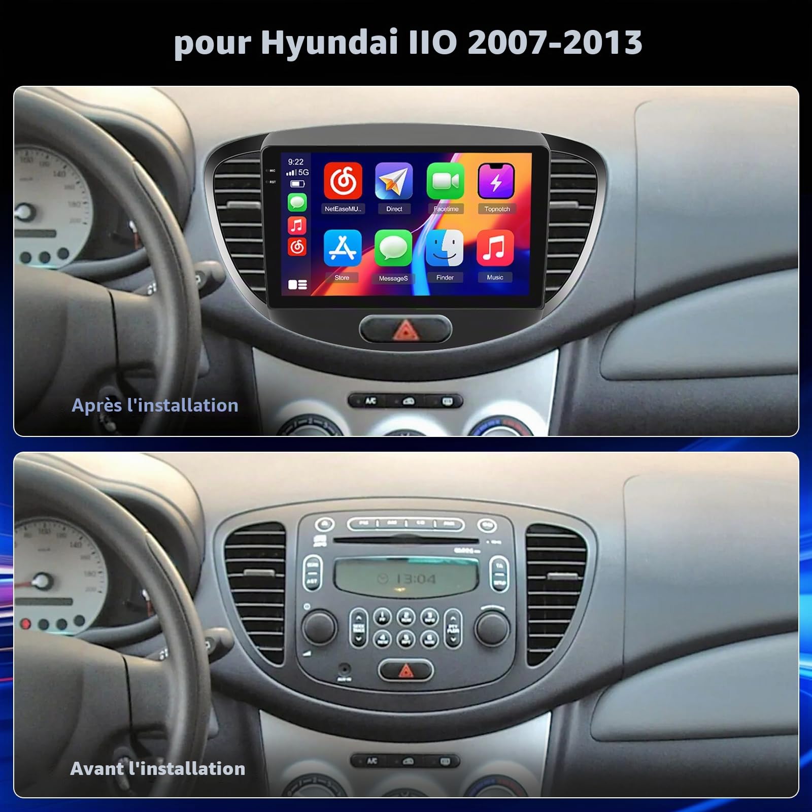 Hikity 4+128G 9" Autoradio Android pour Hyundai I10 2007-2013 | Incell Écran Tactile Wireless Carplay Autoradio 2 DIN GPS Navi Bluetooth 5.0 WiFi FM/RDS Caméra de Recul EQ 4+128G