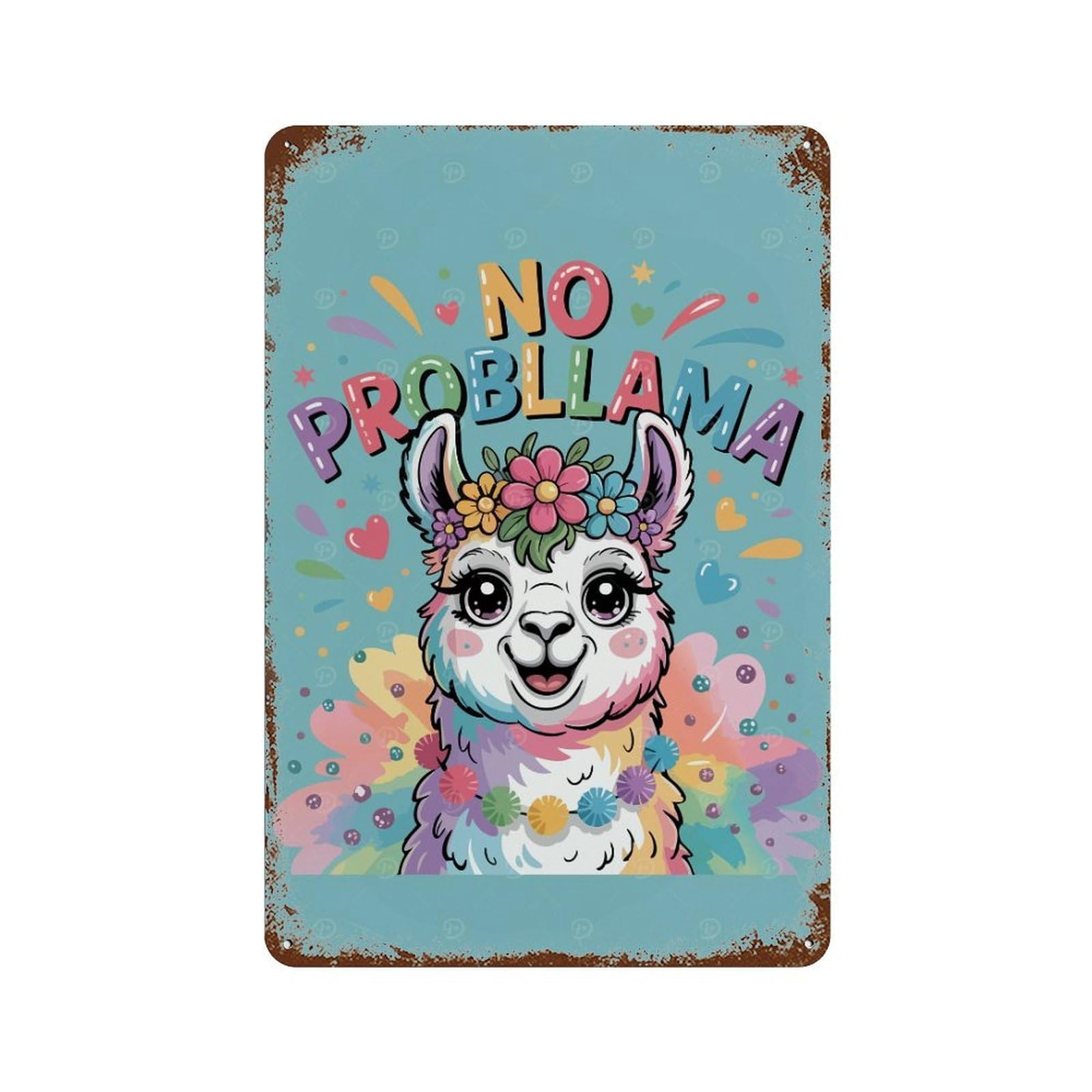 Cute Llama with Flowers - No Problama 11.8"x7.9" Weathered Tin Sign, Shabby Chic Decor for Cafe, Home Bar And Lounge Decor