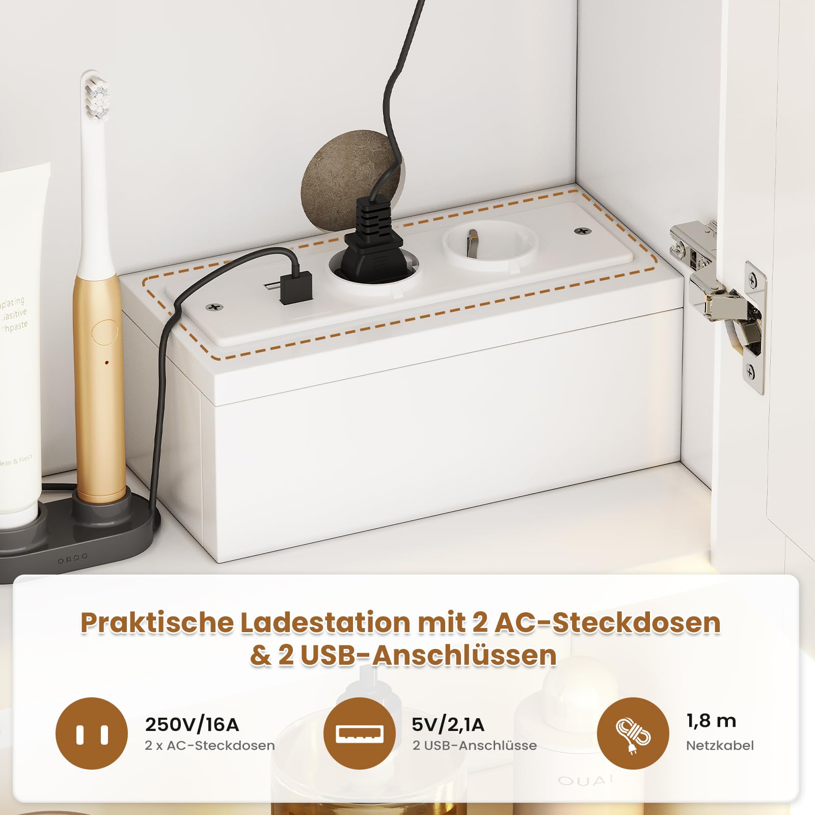 Spiegelschrank mit LED Beleuchtung, Steckdose & 3 Farbtemperaturen | Dimmbare Badezimmerschrank mit verstellbaren Regalen, HD Spiegel, Touch-Sensor, Doppeltür Hängeschrank 60x70x19 cm, Weiß