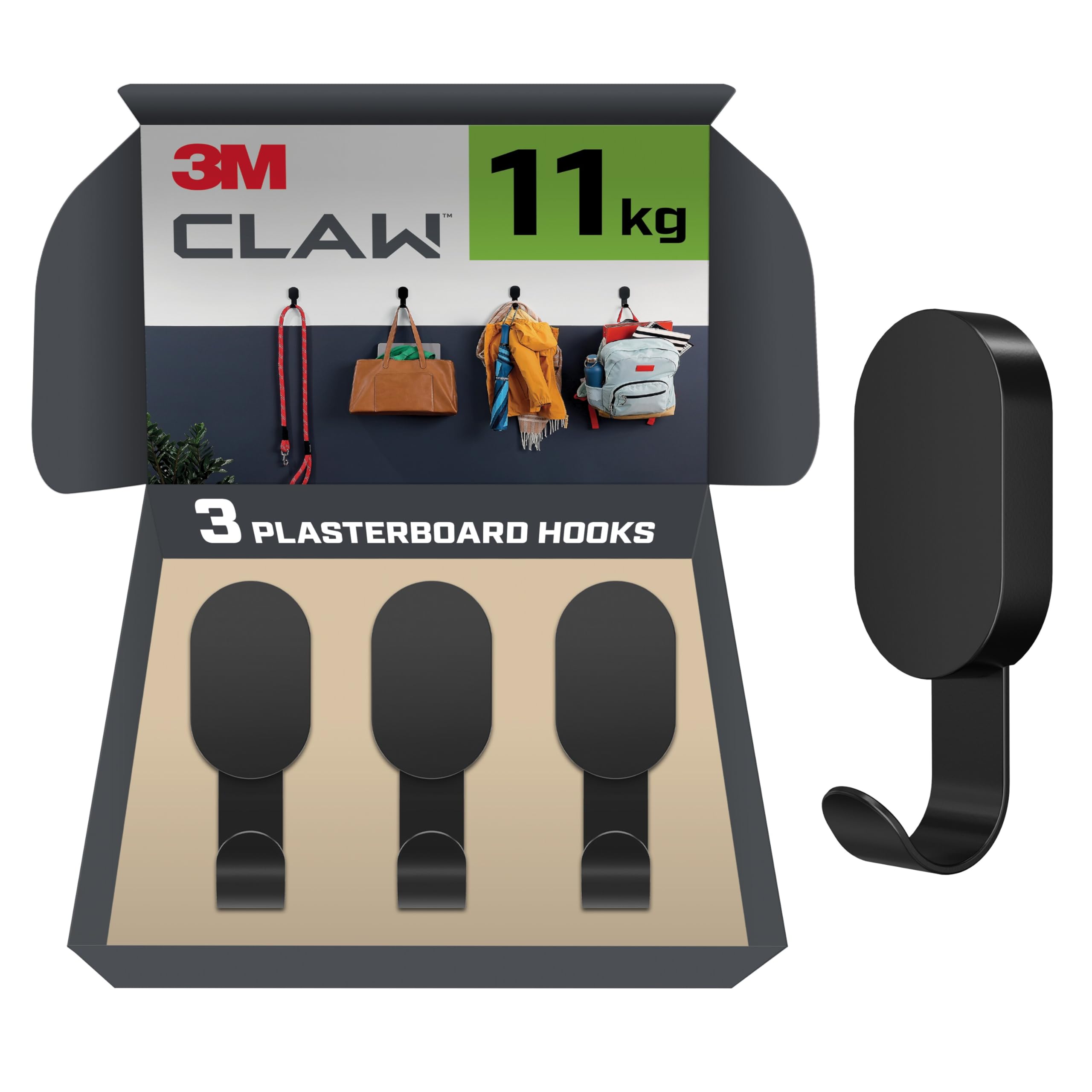 3M CLAW Haken für Trockenbauwände - 3er Set, je bis 11 kg - ohne Werkzeug montierbar - Für Spiegel, Bilder und schwere Dekoration - einfach montier- und entfernbar