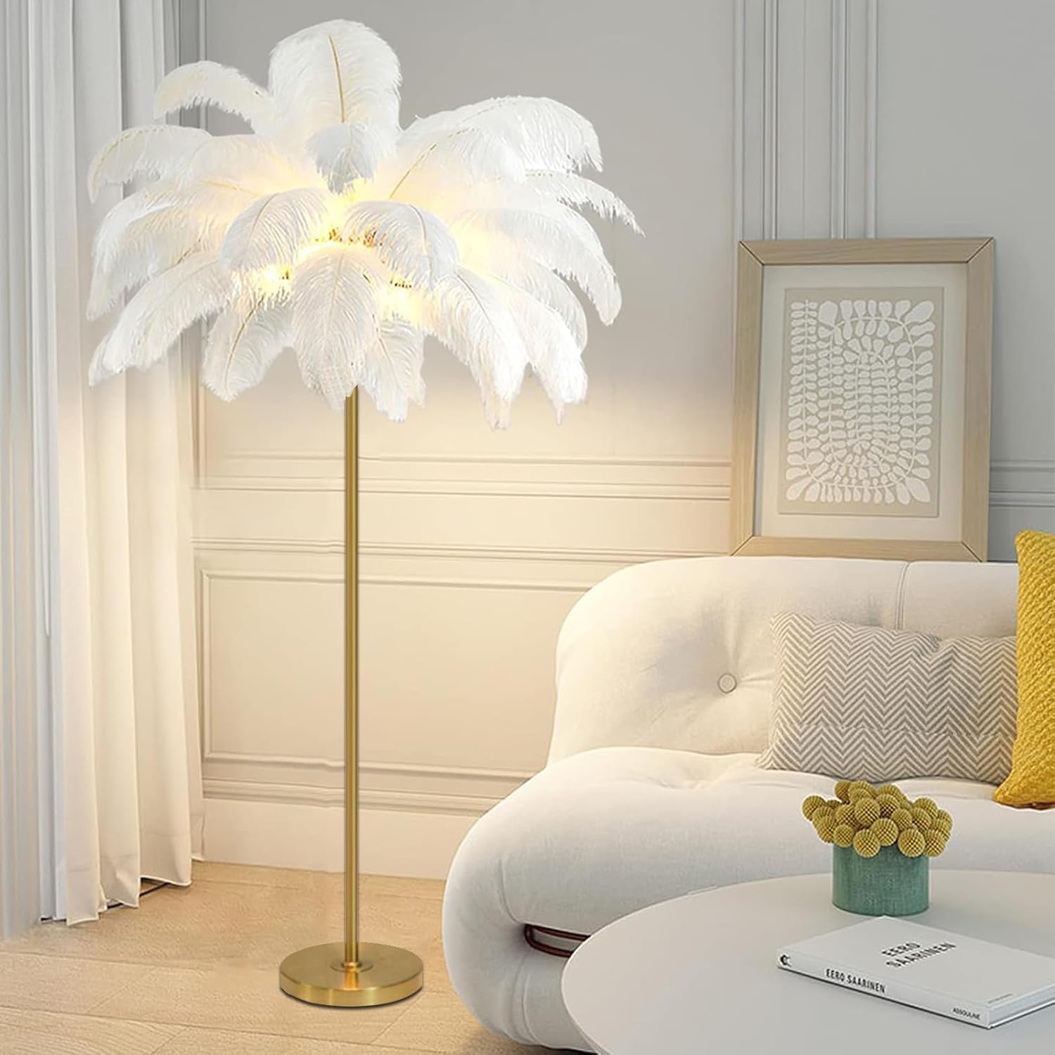 Atwnjkp Feather Lamp,Ostrich Feather Floor Lamp,Gold Finish,Modern Feather Standing Light with Foot Switch and White Lampshade,Ostrich Feather Lamps for Living Room Bedroom Decoration