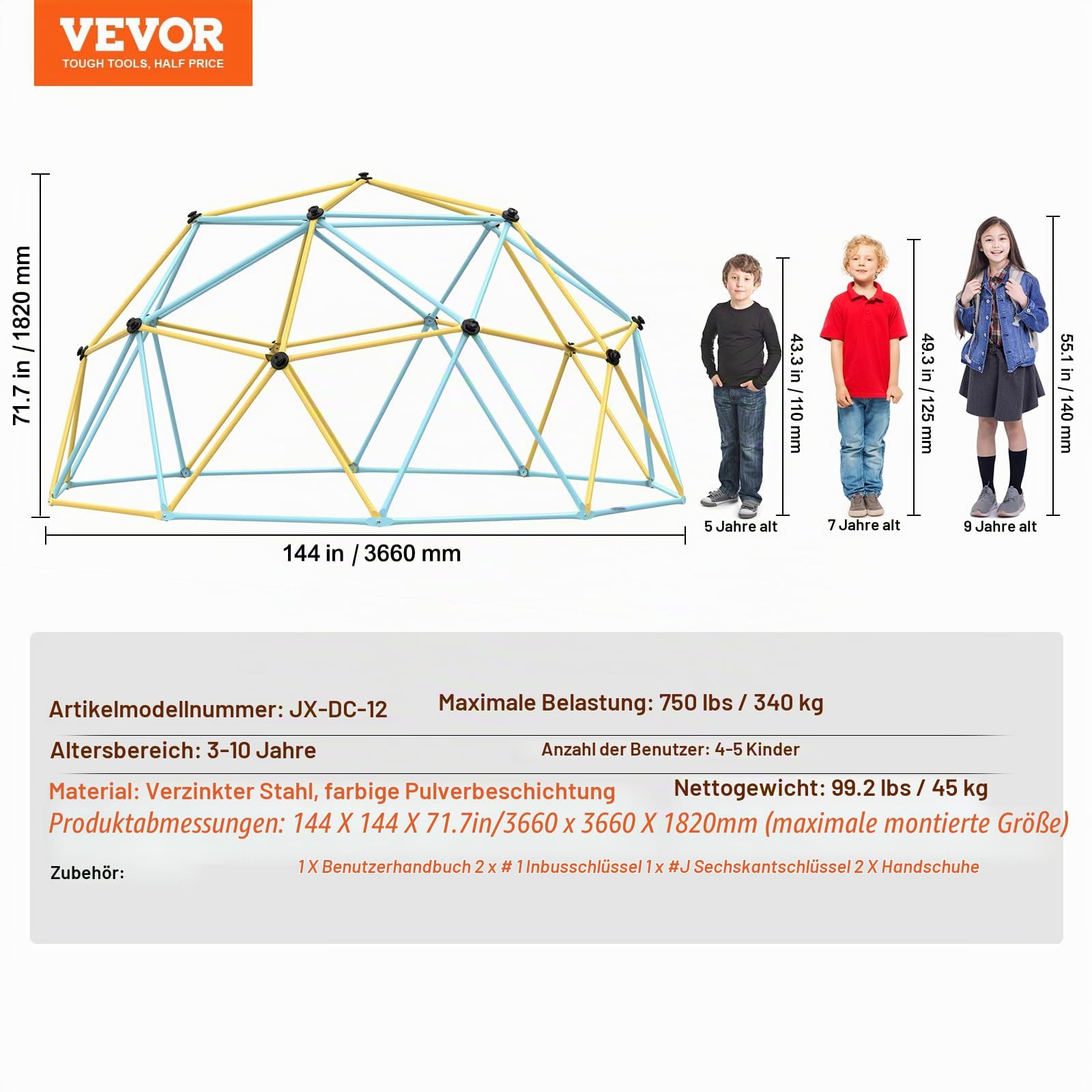 VEVOR Kletterkuppel, 3,66 m geometrisches Kuppel-Kletterspielzentrum für Kinder von 3 bis 10 Jahren, Klettergerüst 340 kg Tragfähigkeit, mit Klettergriff, Outdoor-Spielgerät Garten Hinterhof