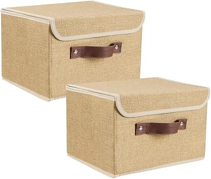 Lucky Monet Storage Bins Boxes with Lids 2 Pack Decorative Storage Boxes Collapsible Fabric Storage Basket Containers Lidded Storage Cube for Organizing Closet Home Office, 15"x 10"x 10" Khaki