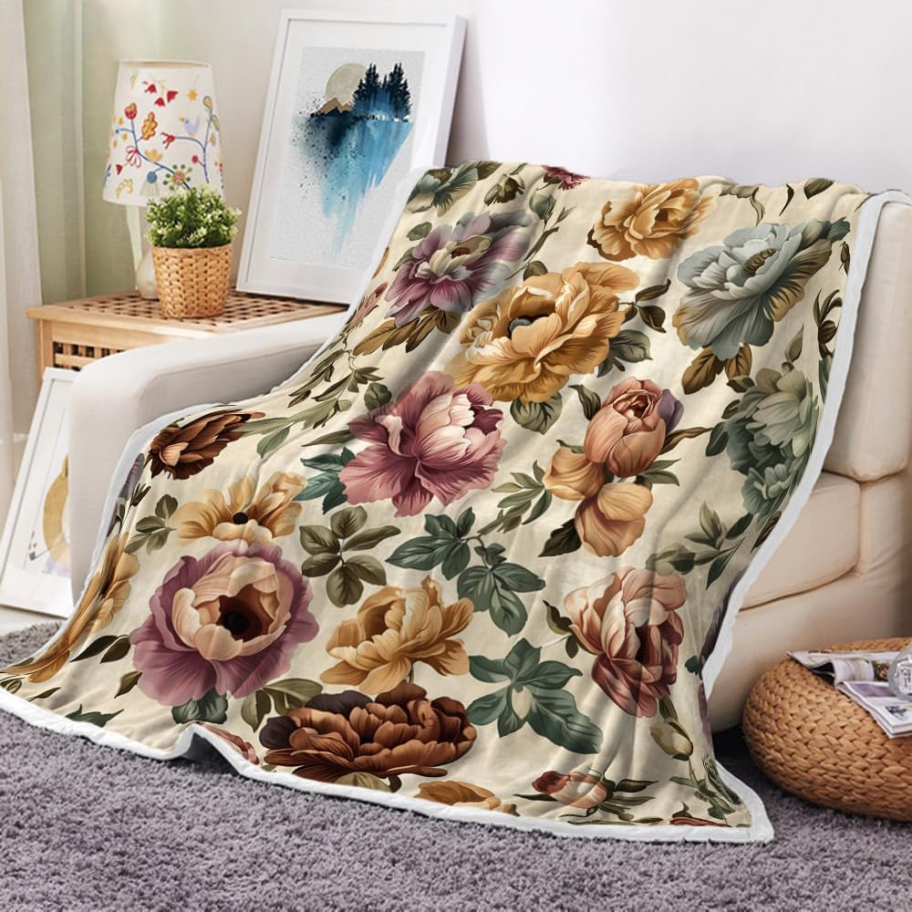 Boho Floral Blankets Vintage Floral Fleece Blanket | Soft, Flannel, Warm, Red Flower Plants Bed Throws Botanical Flowers Bed Throws for Sofa Bedroom