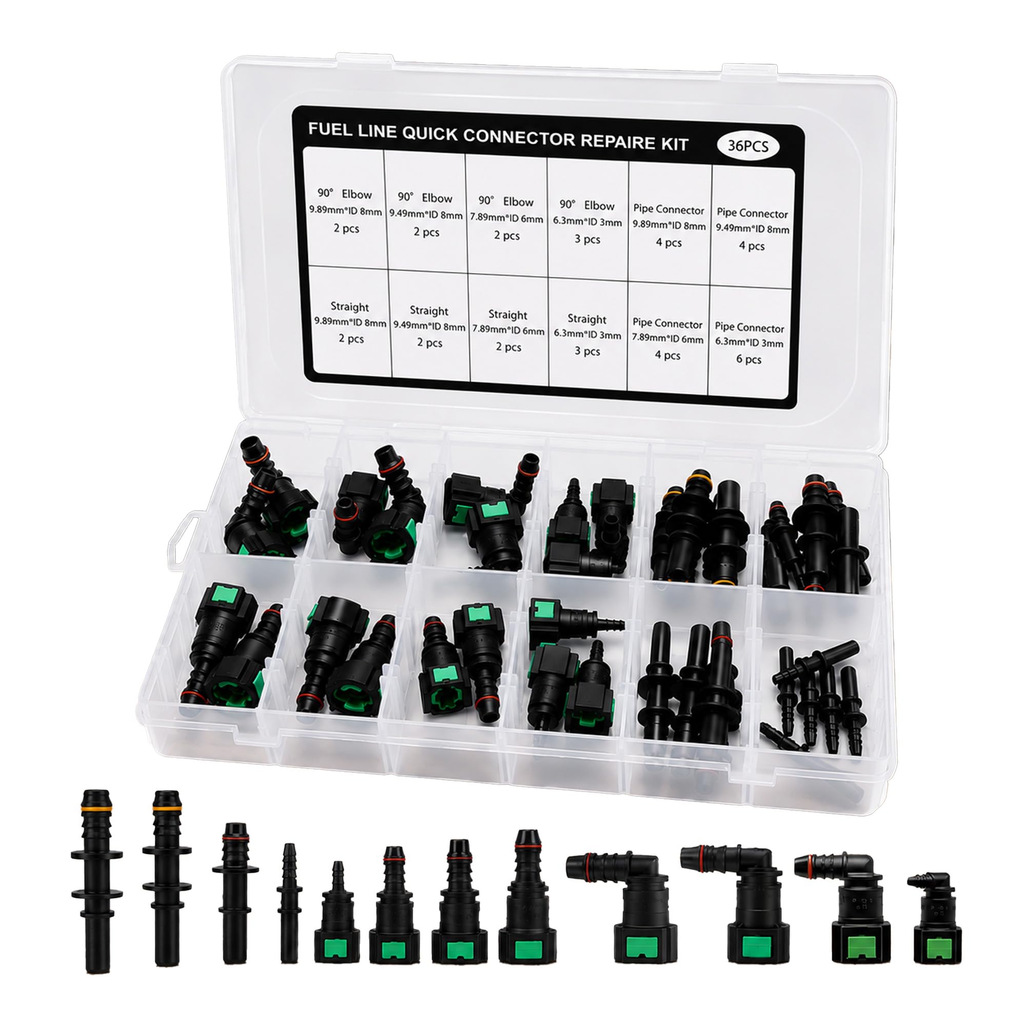 36PCS Fuel Line Quick Connector Set, 12 Sizes Fuel Hose Fittings Adapter Kit, 6.3mm 7.89mm 9.49mm 9.89mm Leak-Resistant Fuel Line Repair Kit for Automotive Motorcycle Truck