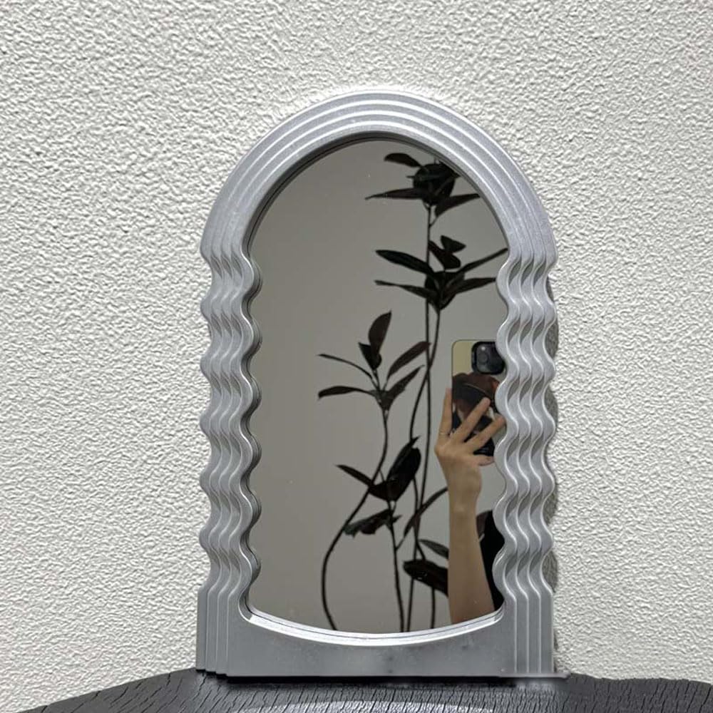 Espejo de maquillaje con forma de arco Hosoncovy, accesorio plateado de pared para cosmética
