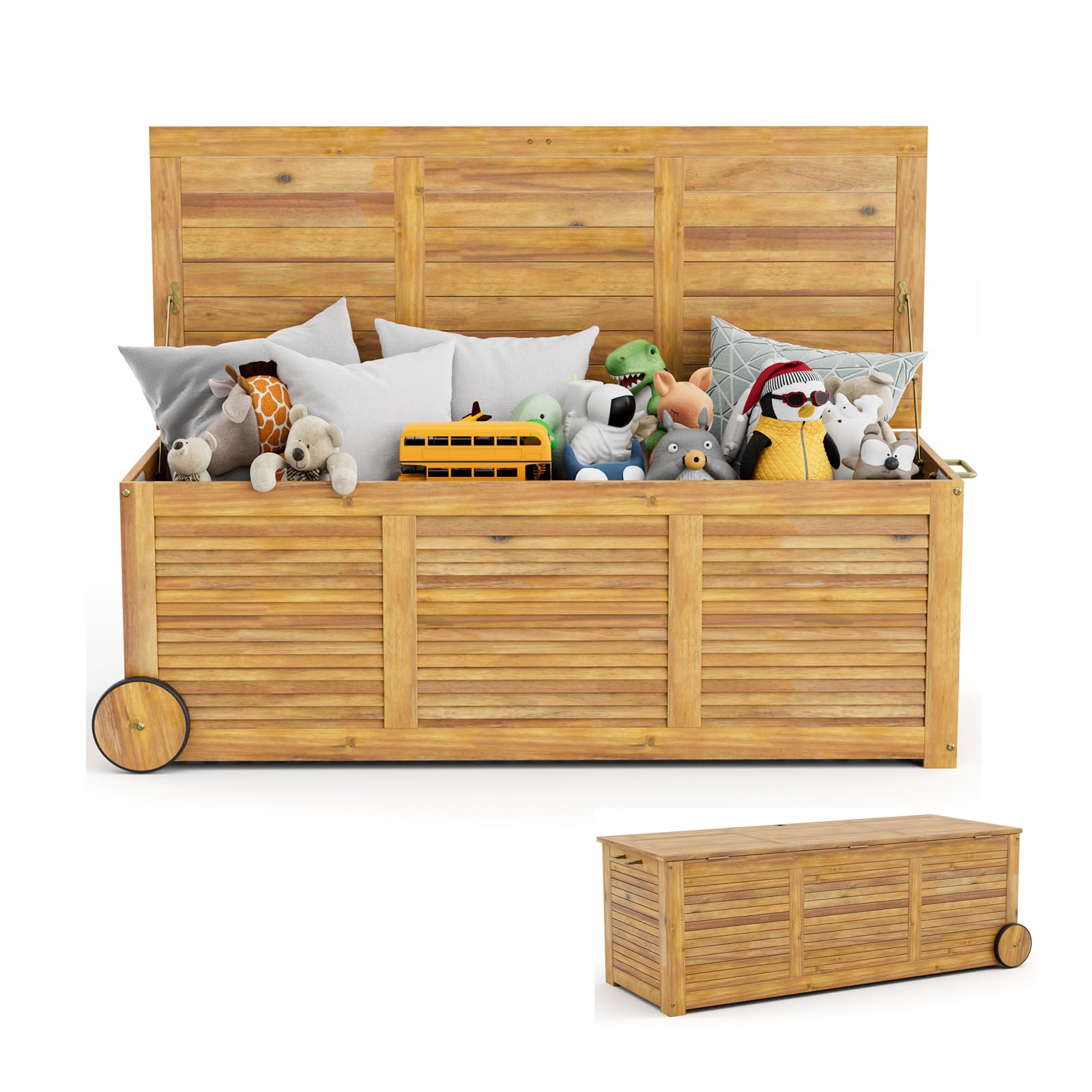 GOPLUS Coffre de Jardin Extérieur 182L Roulant en Bois d'Acacia à 2 Roues, Poignée Latérale, Housse Etanche, pour Coussins,Couvertures,Naturel
