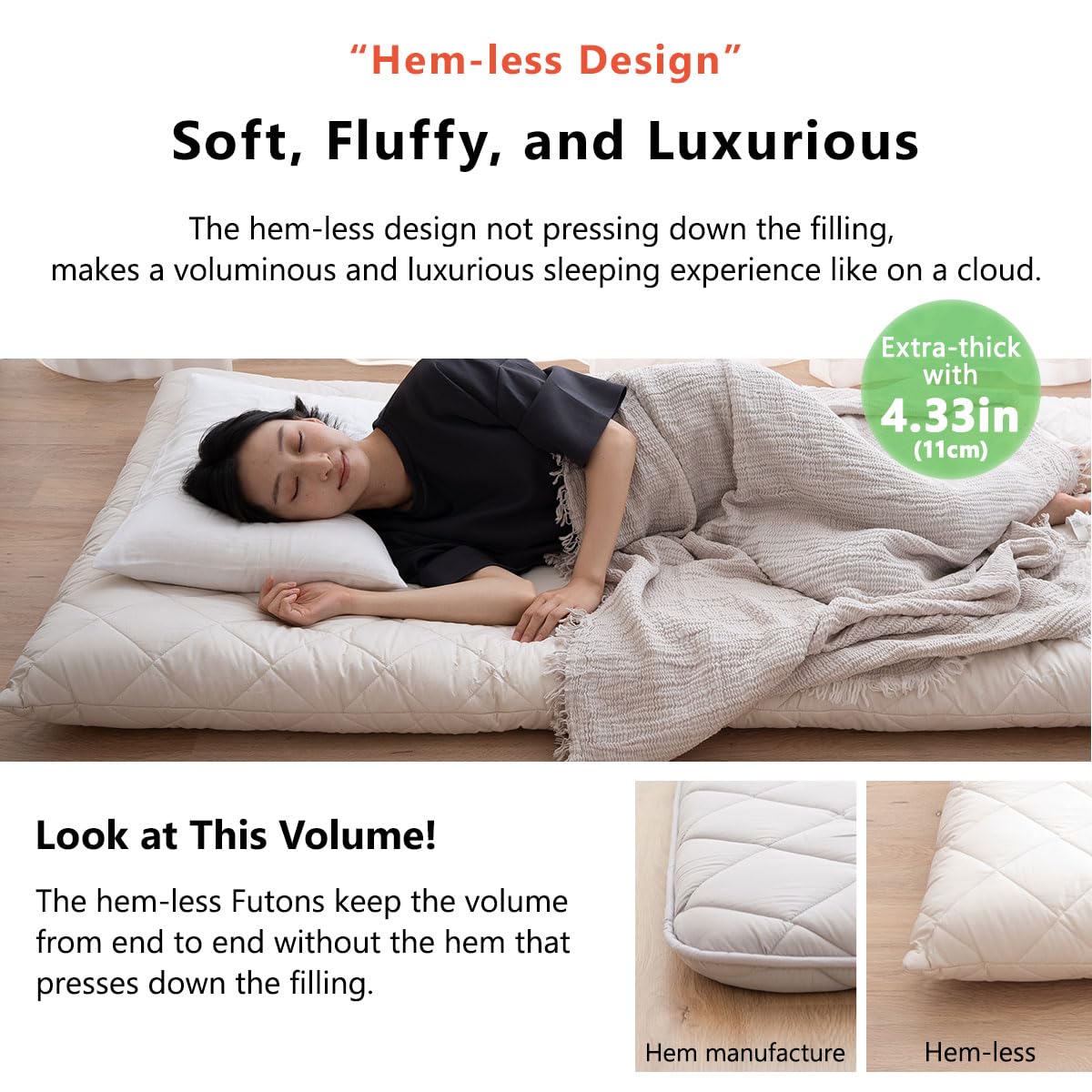 EMOOR Matelas Futon Japonais Extra-épais sans Ourlet 90 x 200 cm Blanc, Fabriqué au Japon Pliable pour Lit de Sol Tatami