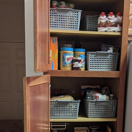 Miniatura 7 de Paquete de 3 cestas de almacenamiento grandes de plástico, 14.3 x 10.2 x 5.7 pulgadas, cubos de almacenamiento grises, bandeja organizadora de