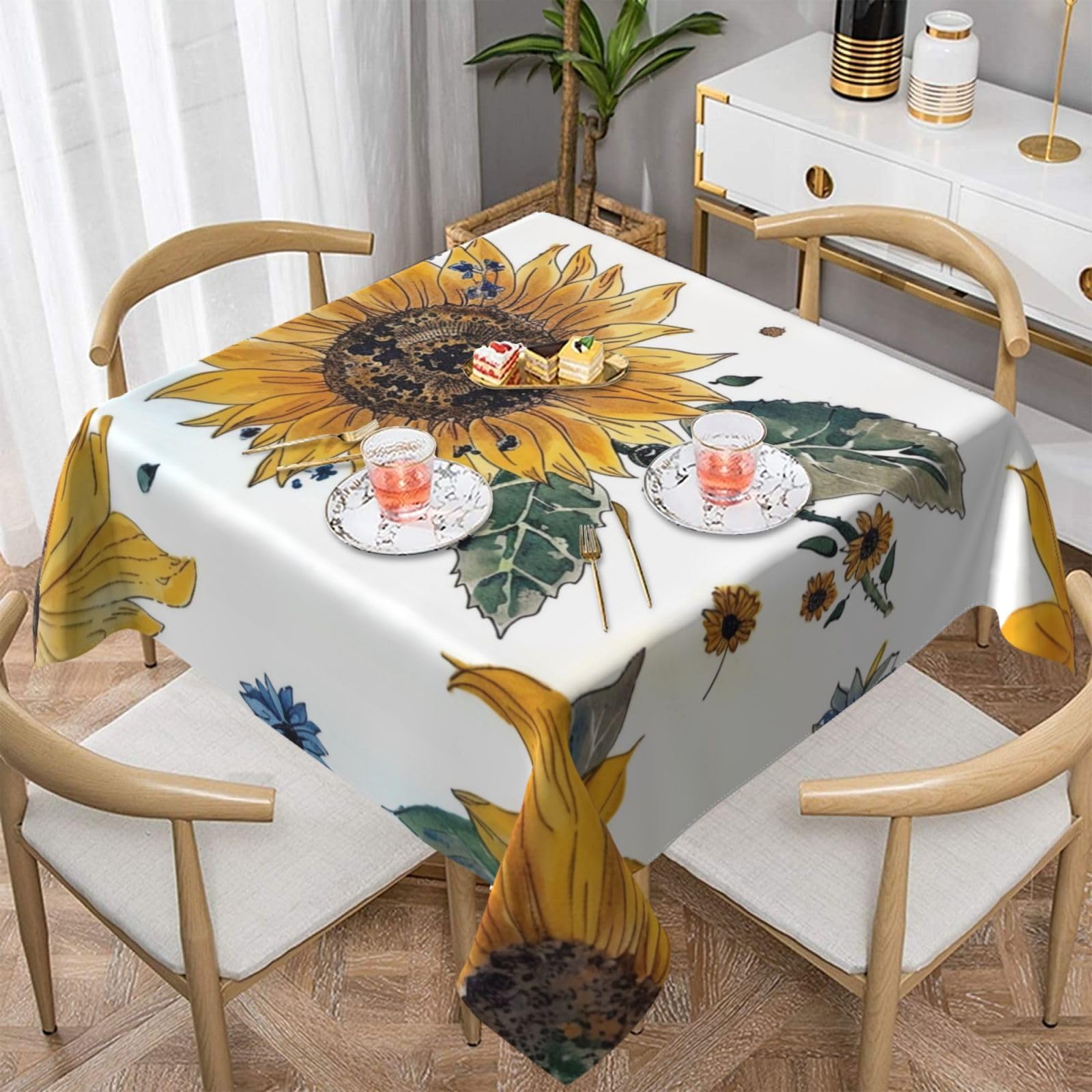 WPKJU Sunflower Printed Square Tablecloth 54x54 inch Water Resistant Table Cover Washable Rectangle Table Cloth for Dining Tables