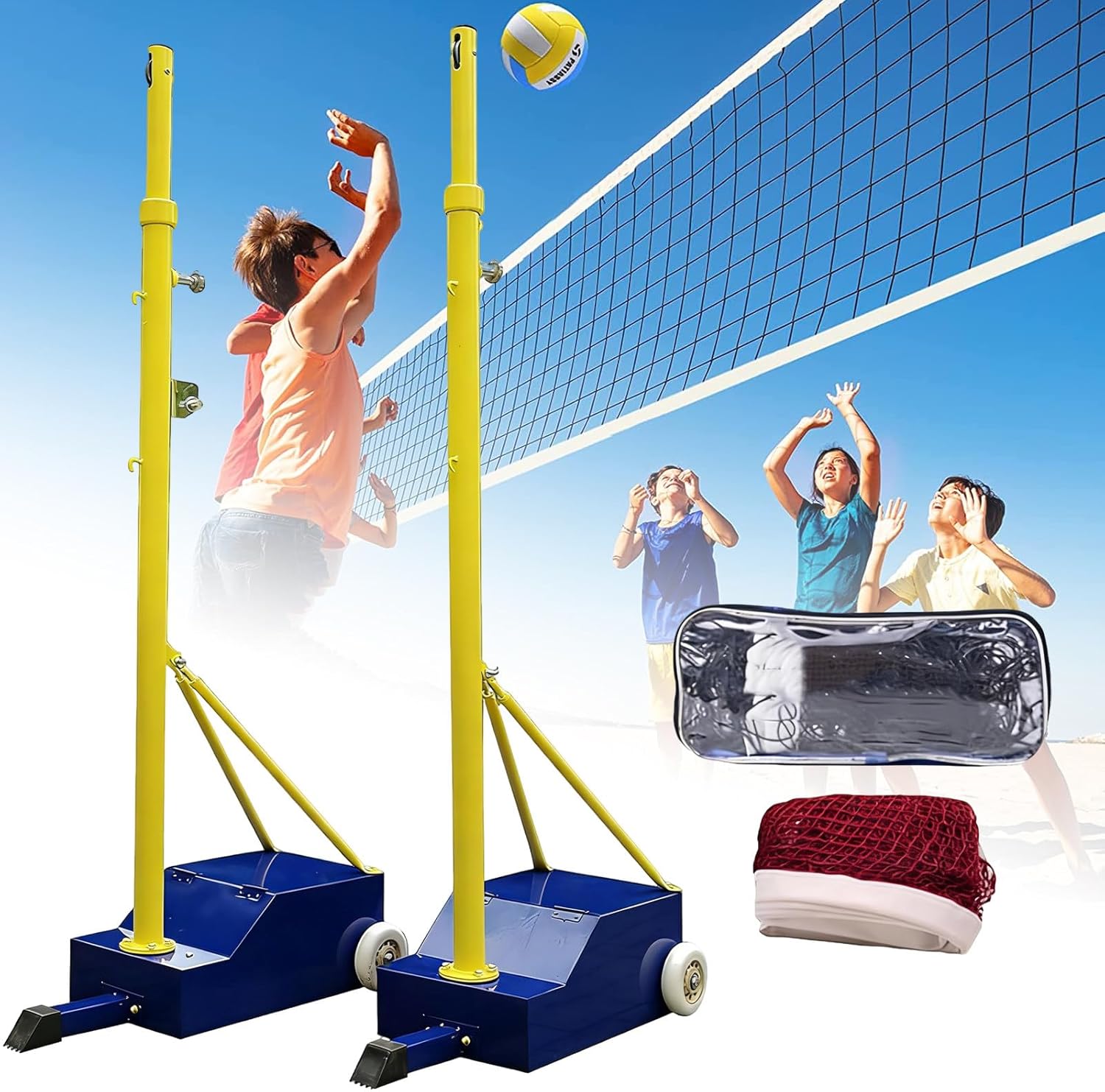 Badminton Sets for Backyards, with Volleyball Net/Badminton Net, Indoor& Outdoor, Adjustable Heights of 5.1ft-6.9ft with Wheels, for Adults Youth Kids Stadium