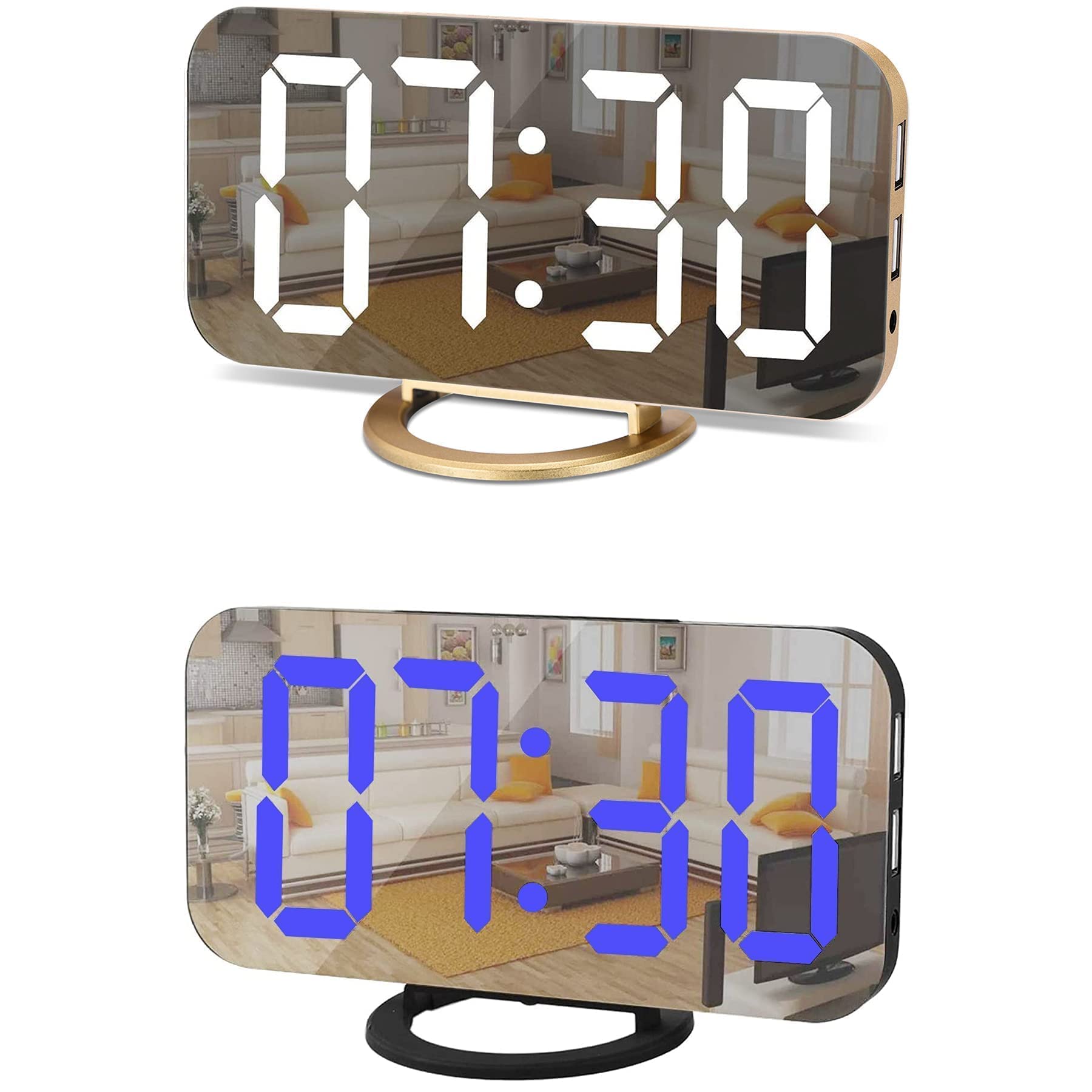 Digital Alarm Clock Set 2, LED and Mirror Digital Large Display with Dual USB Charger Ports | Auto Dimmer Mode | Easy Snooze Function, Modern Desk Wall Clock for Bedroom Home Office (Gold+ Black-Blue)