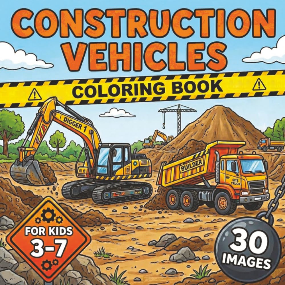 Construction Vehicles Coloring Book for Kids Ages 3-7: 30 Easy and Fun Truck Coloring Pages with Bulldozers, Dump Trucks, Excavators, Cement Mixers, ... for Toddlers, Preschoolers, and Young Kids