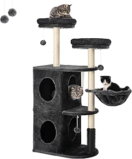 FourFurPets Cat Tree for Indoor Cats, 52.6in Cat Tower, Cat Condo, Two Cat Perch, Two Cat Caves, Soft Cat Basket, Sisal Scratching Stairs, Toys, Smoky Gray