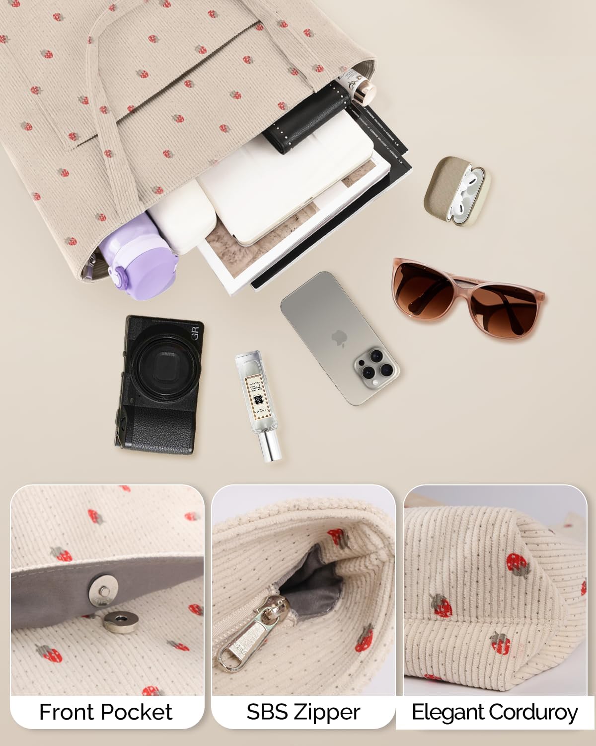 Prite Corduroy Tote Bag for Women Large Shoulder Bag with Zipper and Pockets for College Work Travel Shopping - Image 6