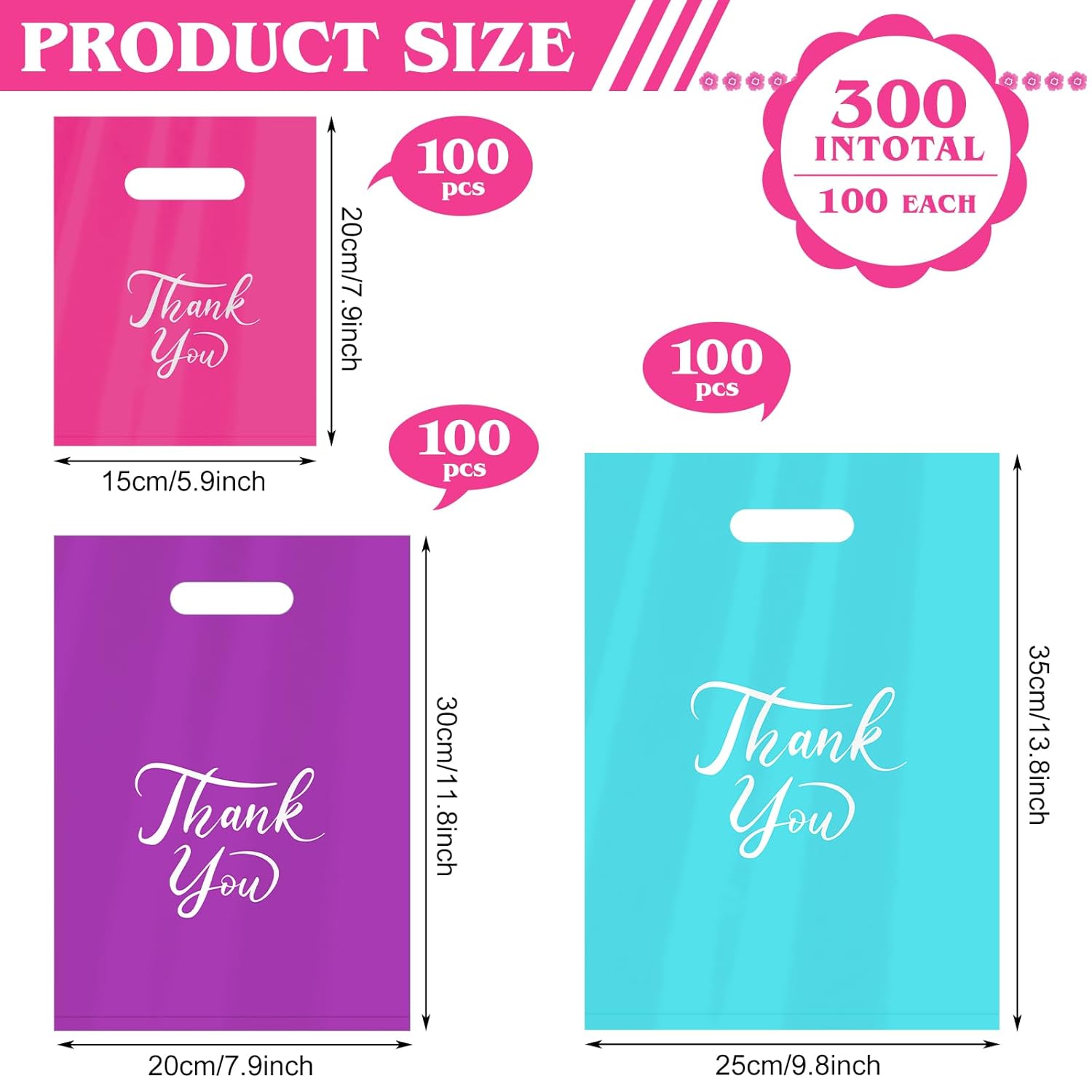 300 Pcs Thank You Bags for Business Small, 3 Sizes Plastic Shopping Bags for Small Business, Thank You Gift Bag Bulk with Handles for Retail Stores Packaging Wholesale Goodie Boutique Clothes Bags - Image 2