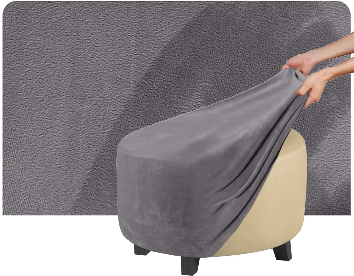 Hassock Cover Round Velvet Ottoman Slipcover Custom Sizes Footstool Protector Stretch for Stool/Footrest/Pouf/Sofa with Elastic Bottom(Gray,Diameter 68cm)