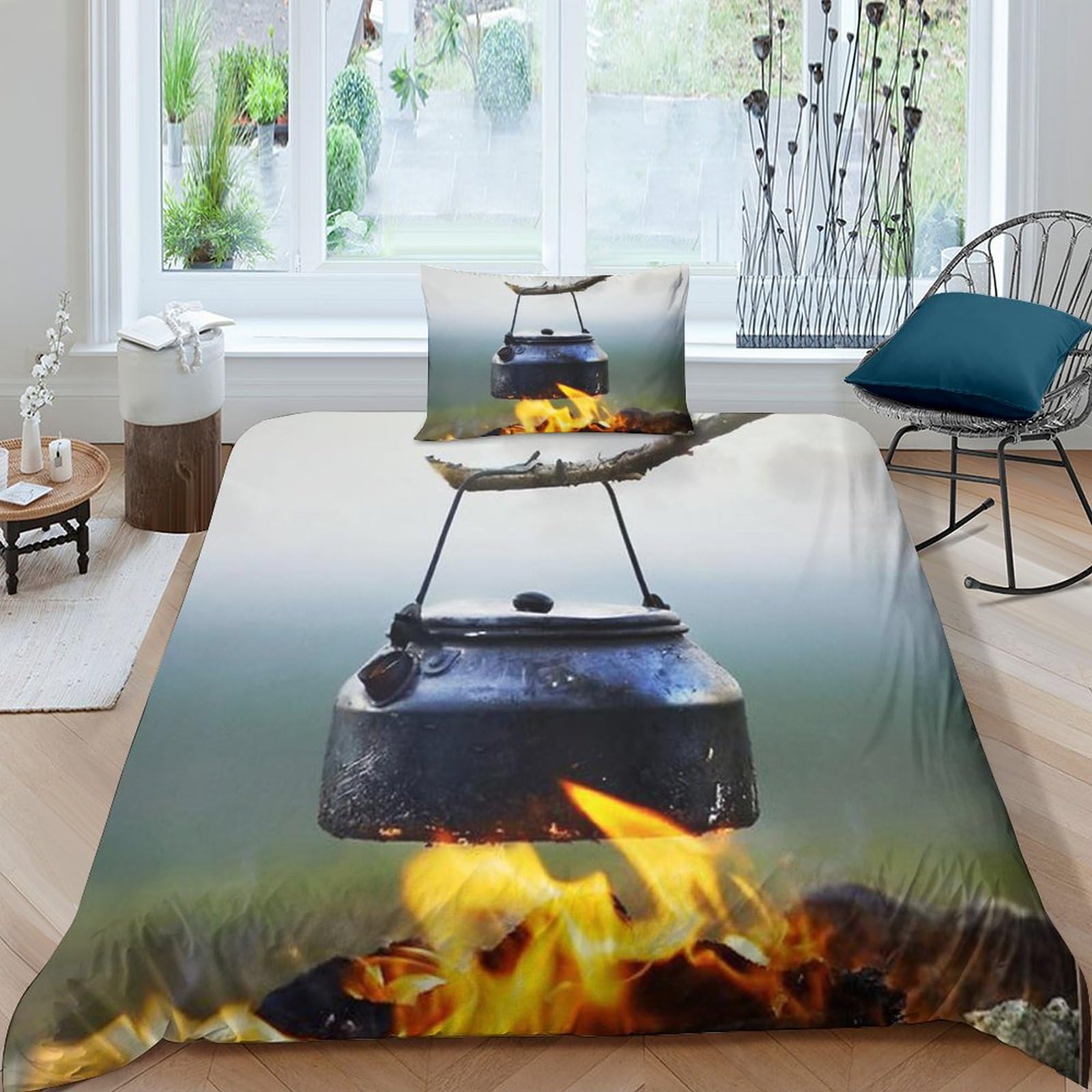 Camping by fire parure de lit 3D pour l'ambiance chaleureuse d'une nuit en forêt