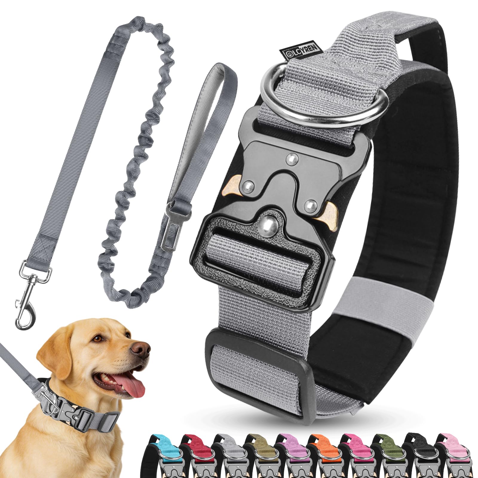 Olcyren Dog Collar and Lead Set, Tactical Dog Collar, Nylon Adjustable Dog Collar with Handle, Soft Padded Pet Collars with Heavy Duty Metal Buckle for Medium Large Dogs Training (Grey, L)