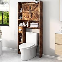 Drefure Over The Toilet Storage Cabinet, Farmhouse Bathroom Organizers, Multi-Tier Bathroom Shelf Over Toilet with Tissue Holder and Doors, Space Saver Storage Cabinet for Laundry Room Restroom, Brown