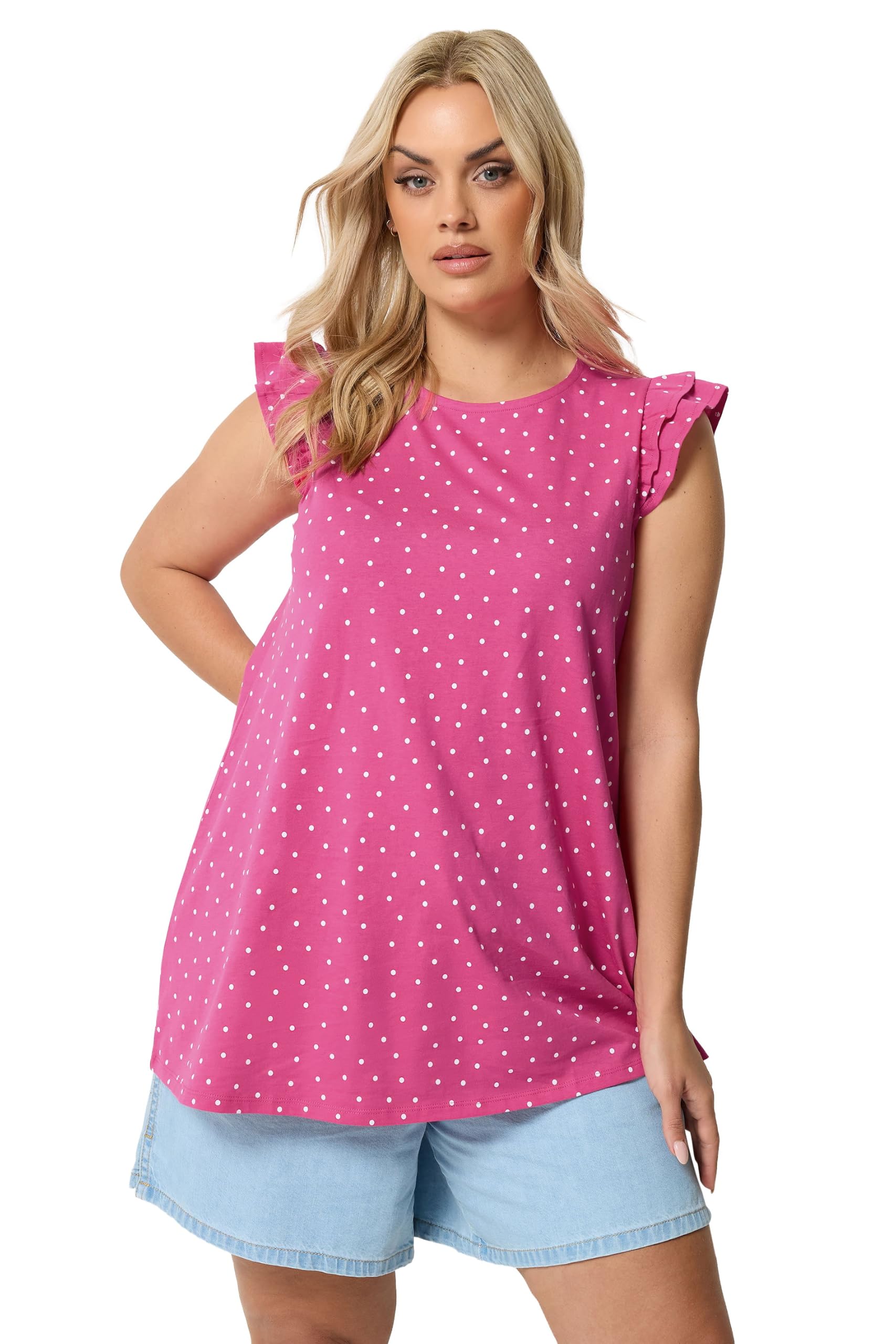 Yours Women's Bright Pink Polka Dot Frill Sleeve Vest Top In | Size: 22/24