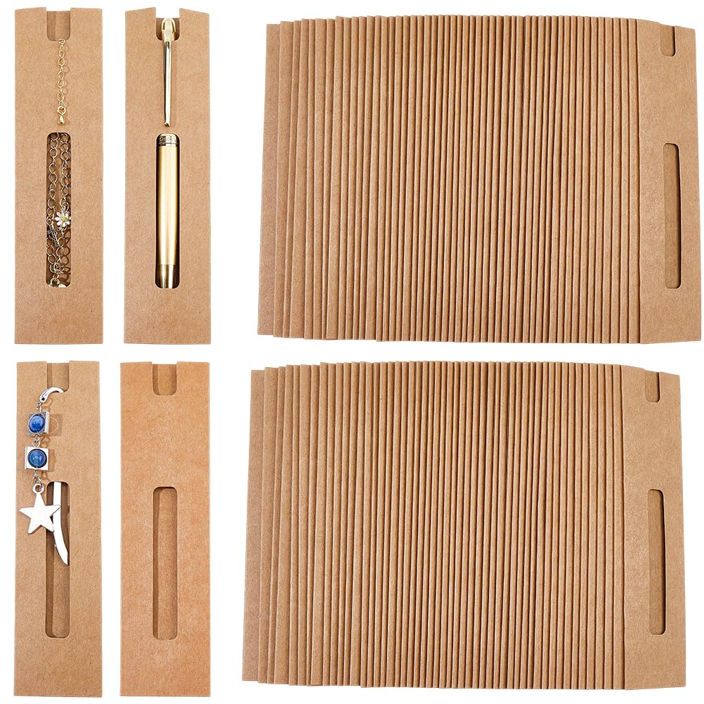 CRASPIRE 60Pcs Kraft Paper Single Pen Pouch Brown Pens Sleeve Protector Fountain Pencil Holder Storage Case with Window for Display Ballpoint Pencils Packaging Home Office School Business Supplies