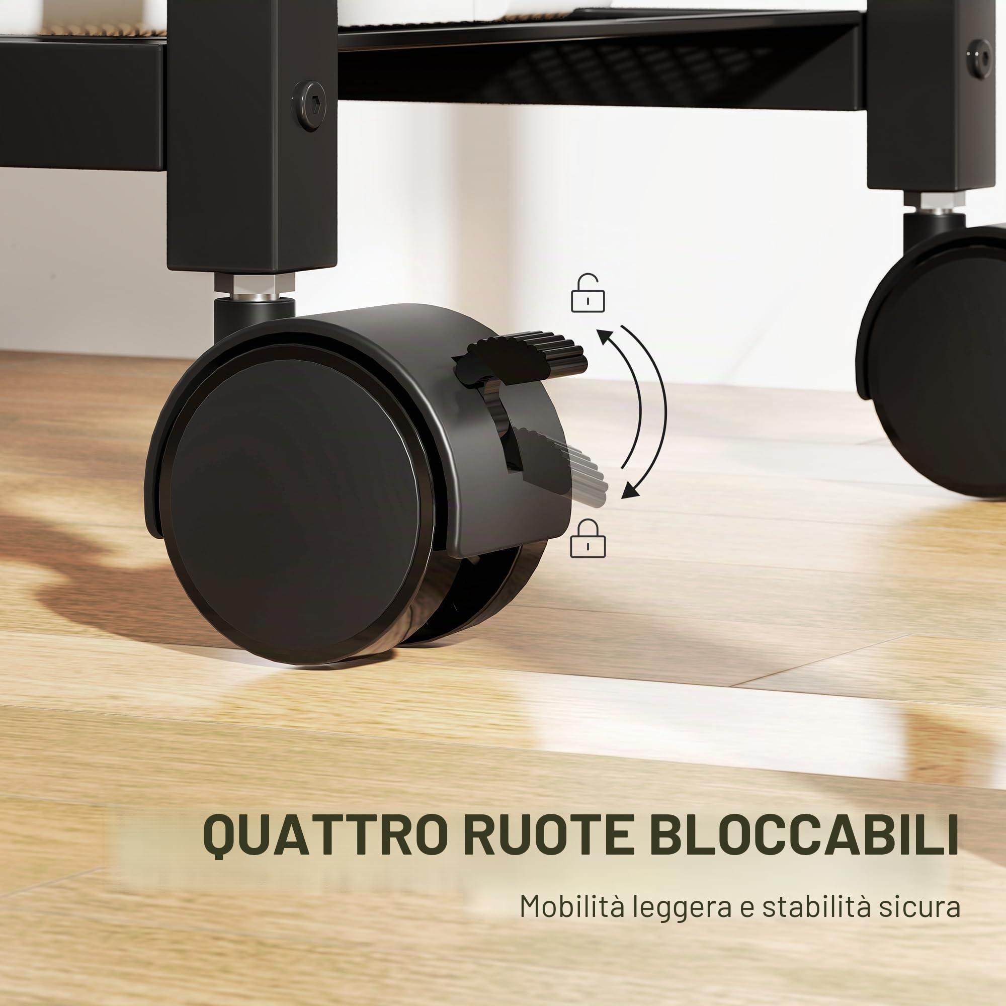 HOMCOM Supporto stamp. 3 ripiani con ruote 42x28x64,5cm Marrone rustico