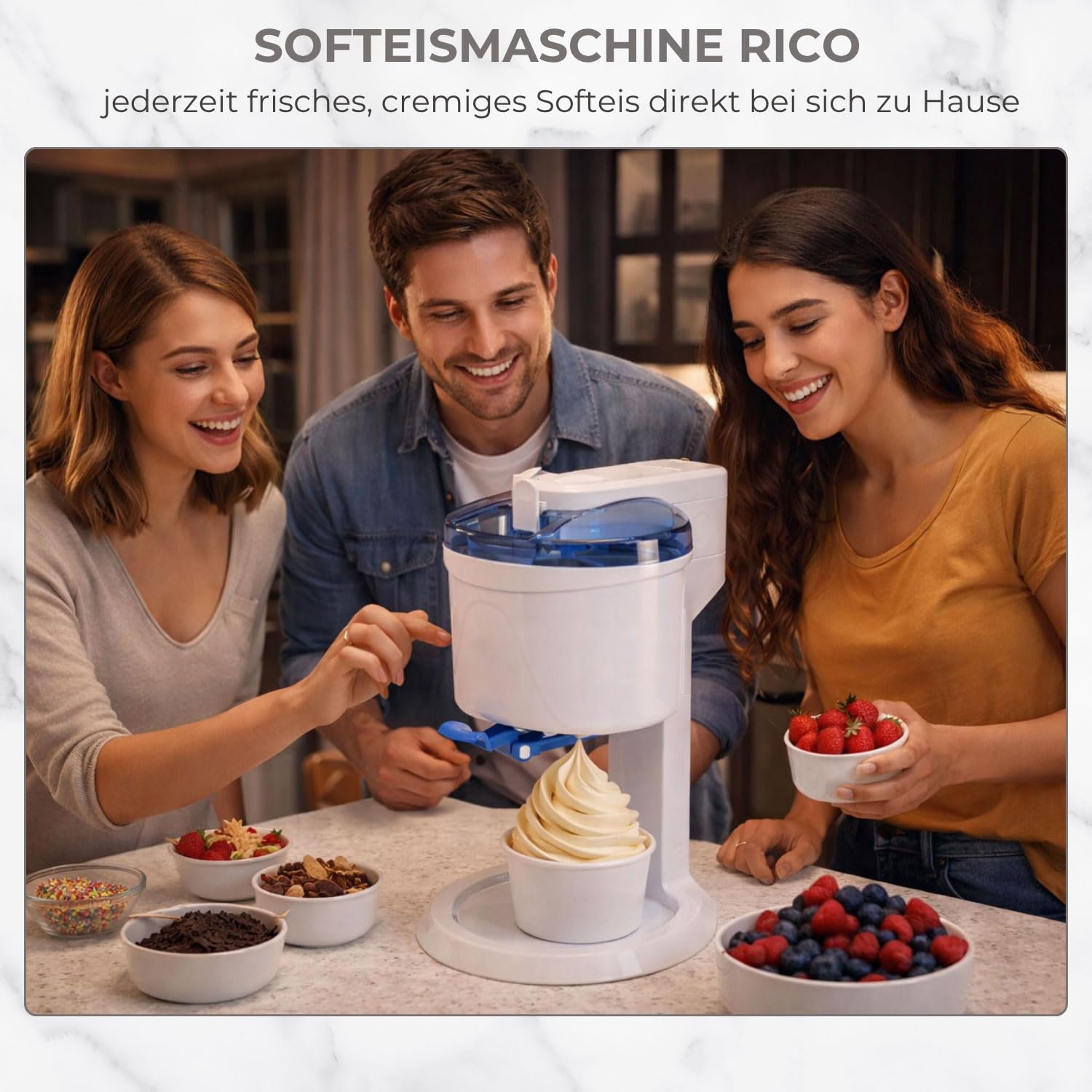 Gino Gelati Softeismaschine | Eismaschine für Zuhause | 1L Kapzität | schnelle Zubereitung ca. 20 Min | einfache Bedienung | ohne Kompressor | Blau/Weiß