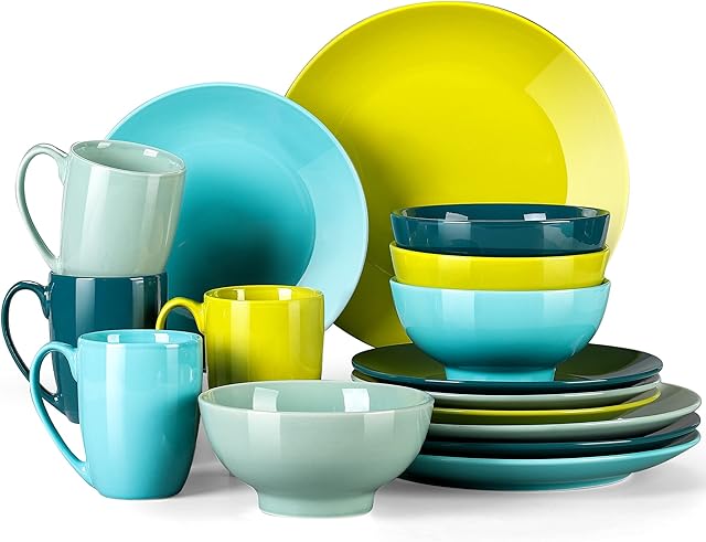 LOVECASA 'Sweet' Porcelain Dinner Set 16-Piece Combination Service, Dinnerware Set for 4 People | Dinner Plates, Cups, Dessert Plates and Bowls, Blue-Green