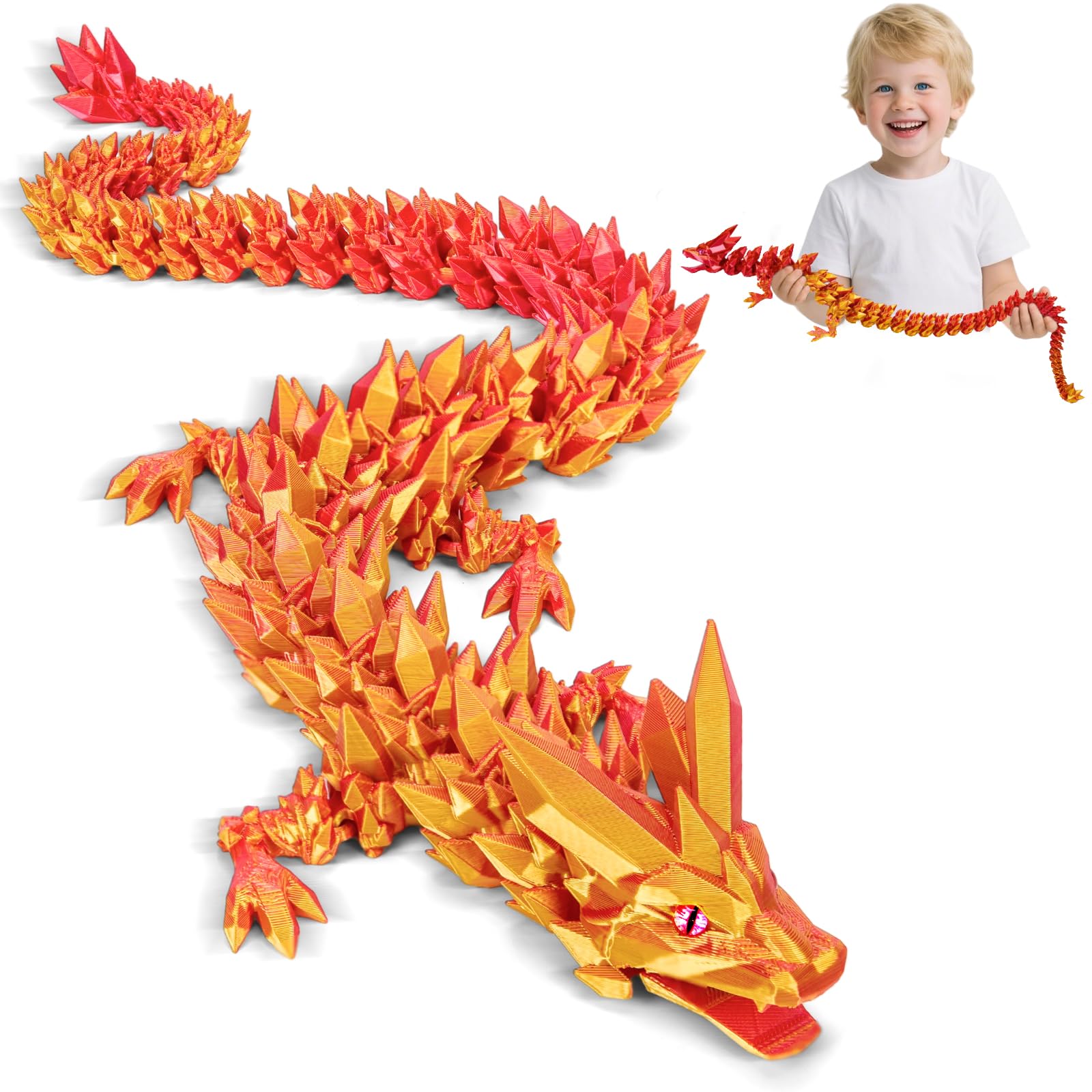 3D Printed Dragon Toys with Eyes, Bendable and Flexible Big Fidget, 24 inches Dazzling Gradient Crystal Wyrm, Articulated Gem Serpent Figure for Home Decor (Mystical Red-Gold Dragon)