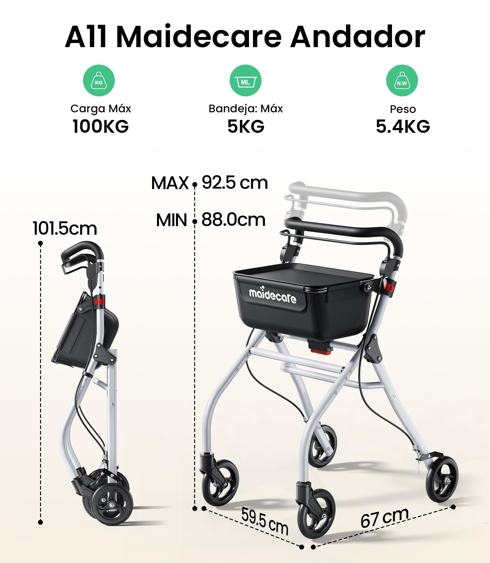Andador para Ancianos, Andador Plegable con Asiento para Personas Mayores, Estrecho para Apartamento, Modelo de Interior Plegable y Ligero con Bandeja y Bolsa de Tela, 4 ruedas, Aluminio, Blanco