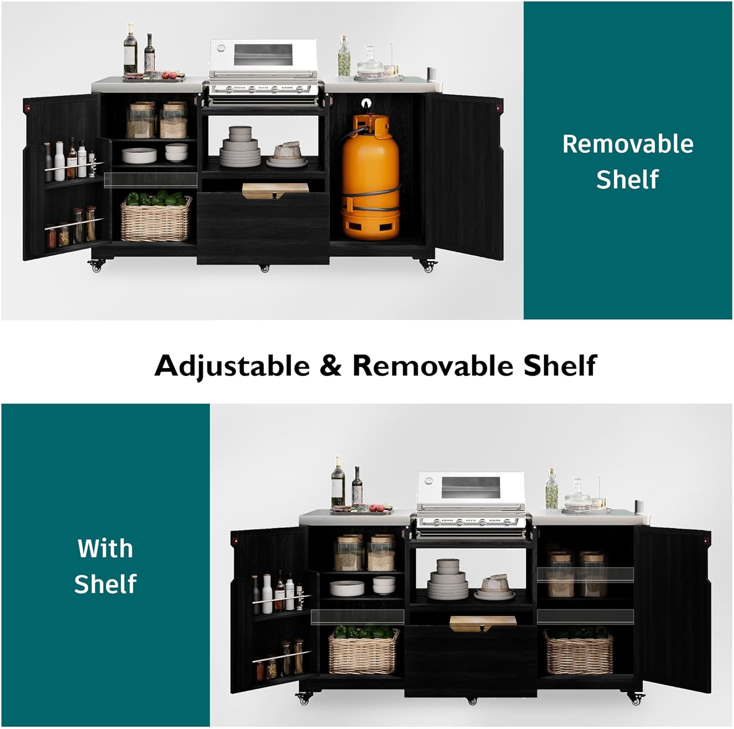 66.5 Inch Outdoor Kitchen Island for Big Green Egg & Kamado Joe, Solid Wood Rolling Grill Cart with Stainless Steel Top & Drawer, Tabletop Grill Stand (Black)