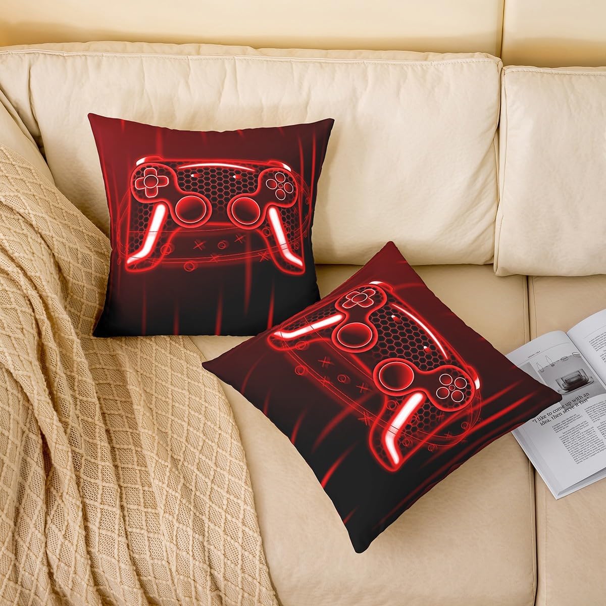 Erosebridal Game Controller Pack of 4 Throw Pillow Cover 16x16 Boys Gaming Cushion Cover Red Neon Gamepad Cushion Case 3D Game Joysticks Honeycomb Decorative Pillowcase
