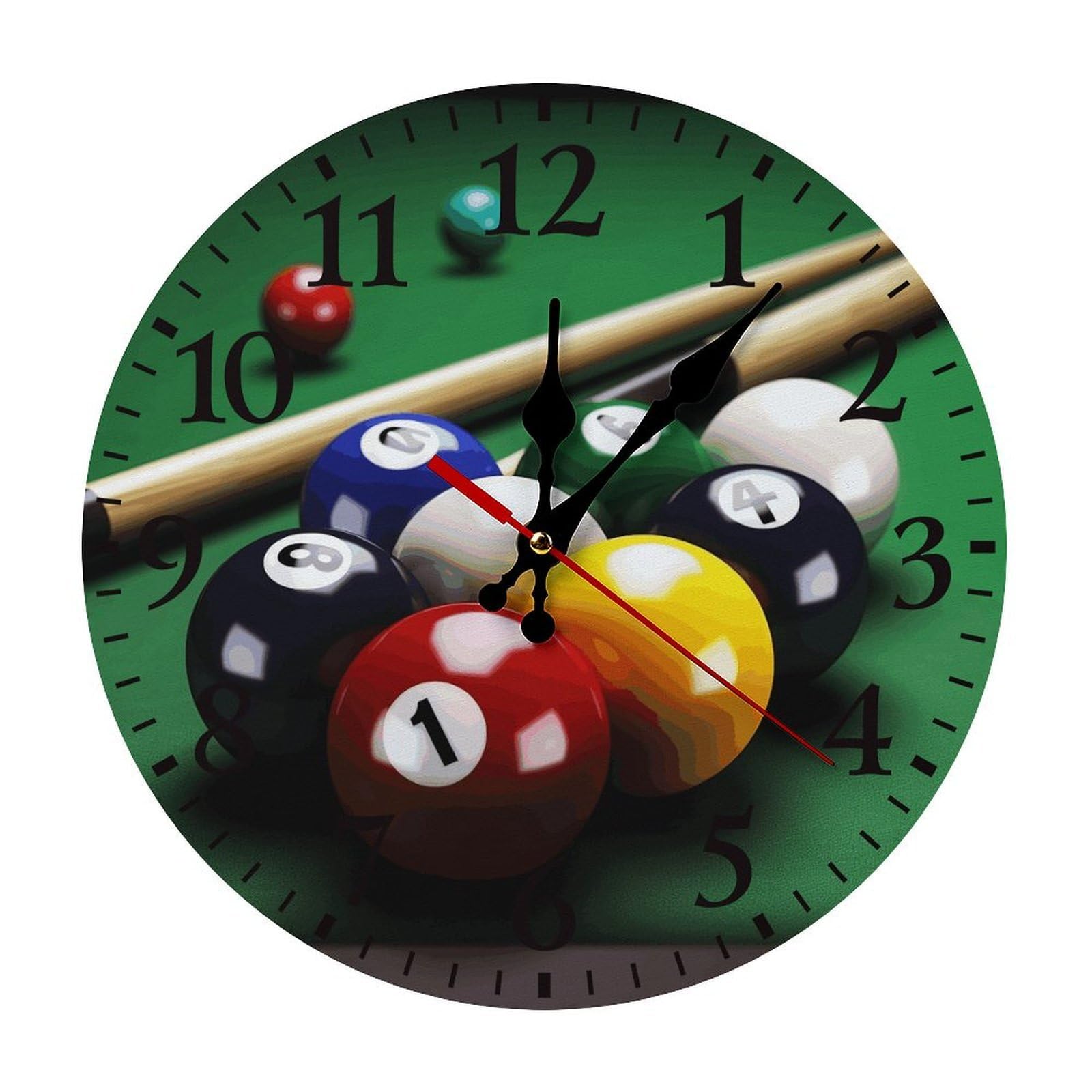 QMNLKH Billiards Wall Clock for Home, Battery Operated Clock for Hotel, Round Wall Clock with Arabic Numerals Black, Easy to Read, Non-Ticking Clocks for Living Room 25 * 25cm