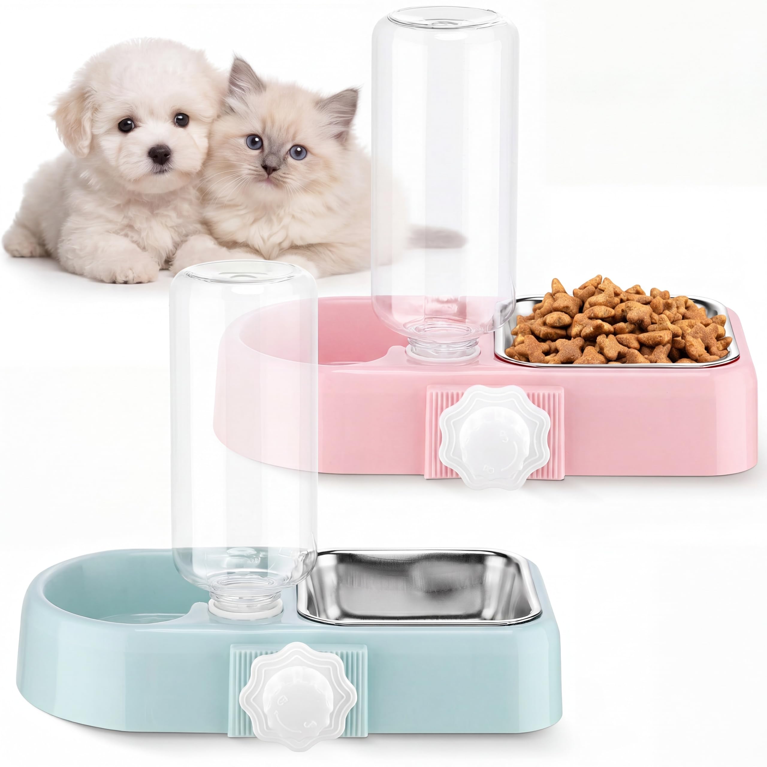 Lot de 2 gamelles doubles pour chien et chat - Gamelle 2 en 1 à suspendre - Gamelle en acier inoxydable amovible et distributeur d'eau automatique pour petit chien, chat, lapin, oiseau