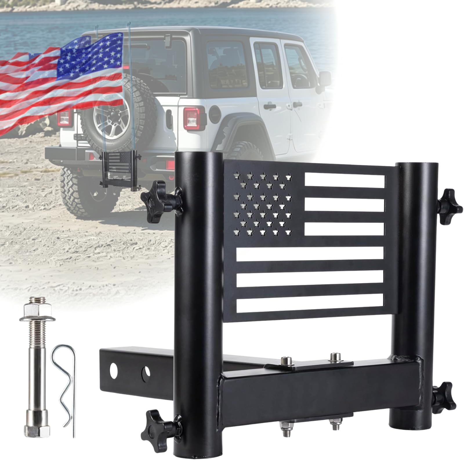 Photo 1 of Salahii Double Hitch Flag Pole Holder for Universal 2 Inch Receivers, Heavy Duty Metal Trailer Hitch Flag Pole Mount Kit for Trucks RV Jeep Pickup SUV Camper, (Black, 2 Flagpoles)