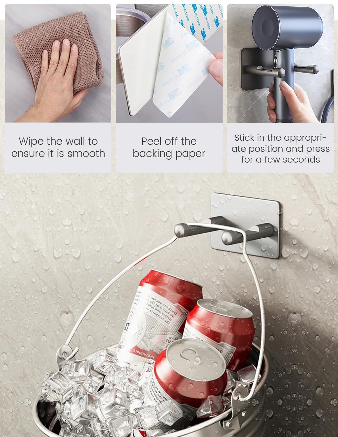 Porta Phon Compatibile con Dyson, Adesivo, Appendi Phon Bagno, Porta Asciugacapelli avec Rangement des câbles, Convient pour 3 embouts, en alliage d'aluminium