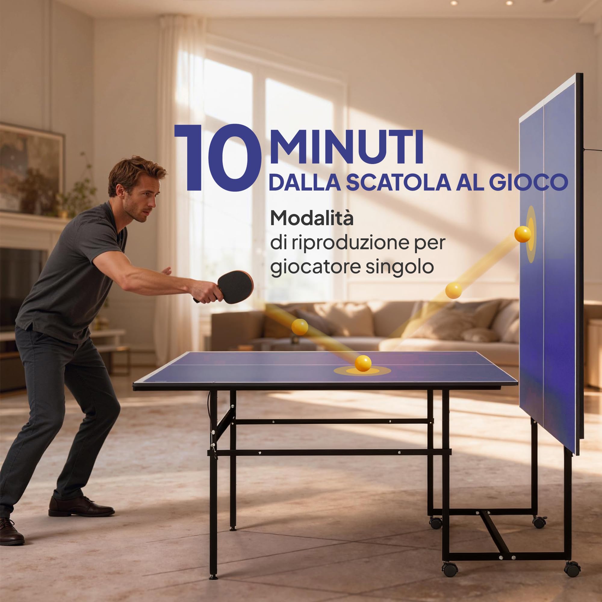 SPORTNOW Tavolo Ping Pong Pieghevole Salvaspazio per Interni, Tavolo da Ping Pong Professionale con Ruote Girevoli, Rete, Racchette e Palline, Blu