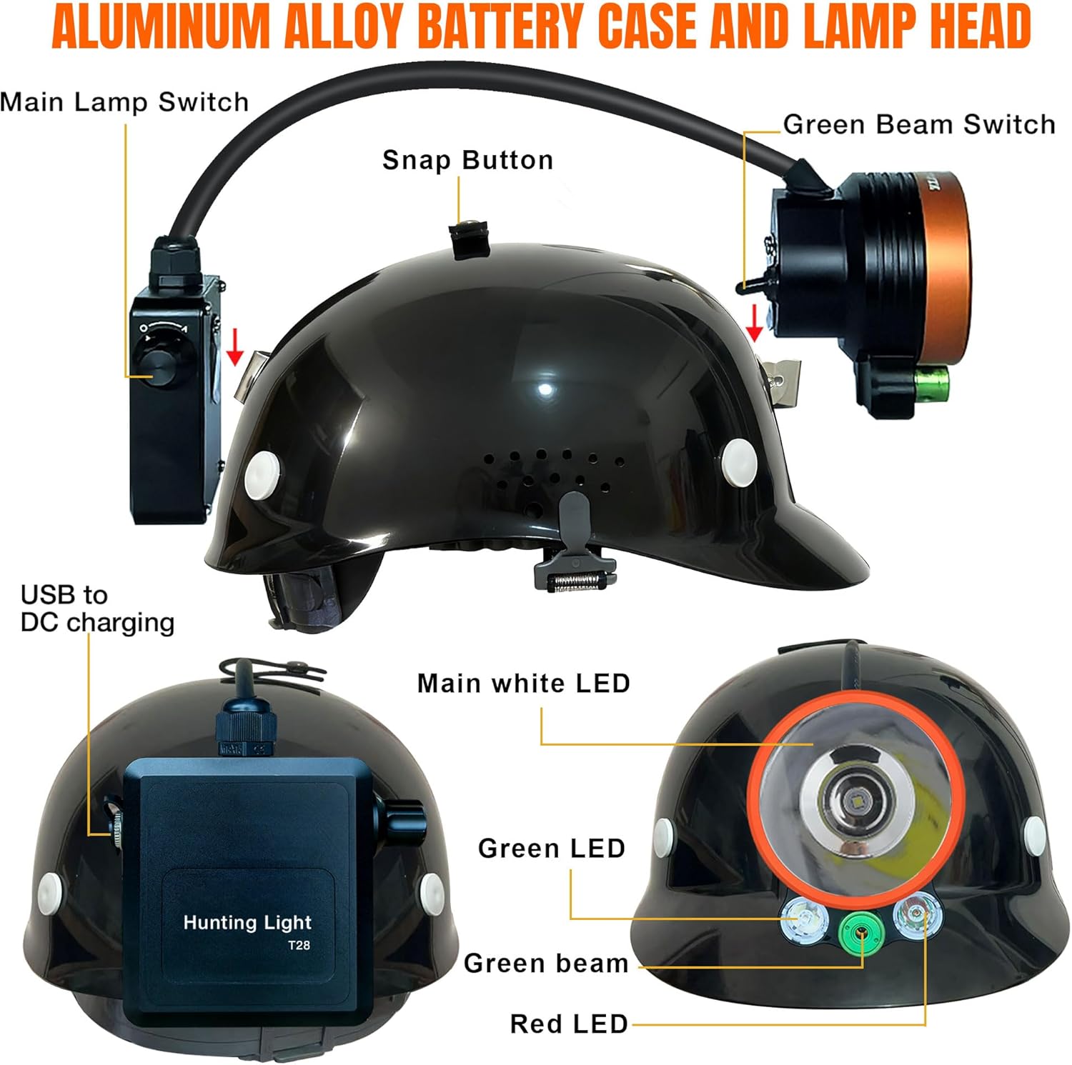 T28 5-Color 3000-Yard Coon Hunting Lights – 2000 lm White/Green/Red/Amber Spot & Green Beam, IPX6 Waterproof Night Hunting Headlamp for Varmint, Hog & Coyote Light (with ABS Black hat)