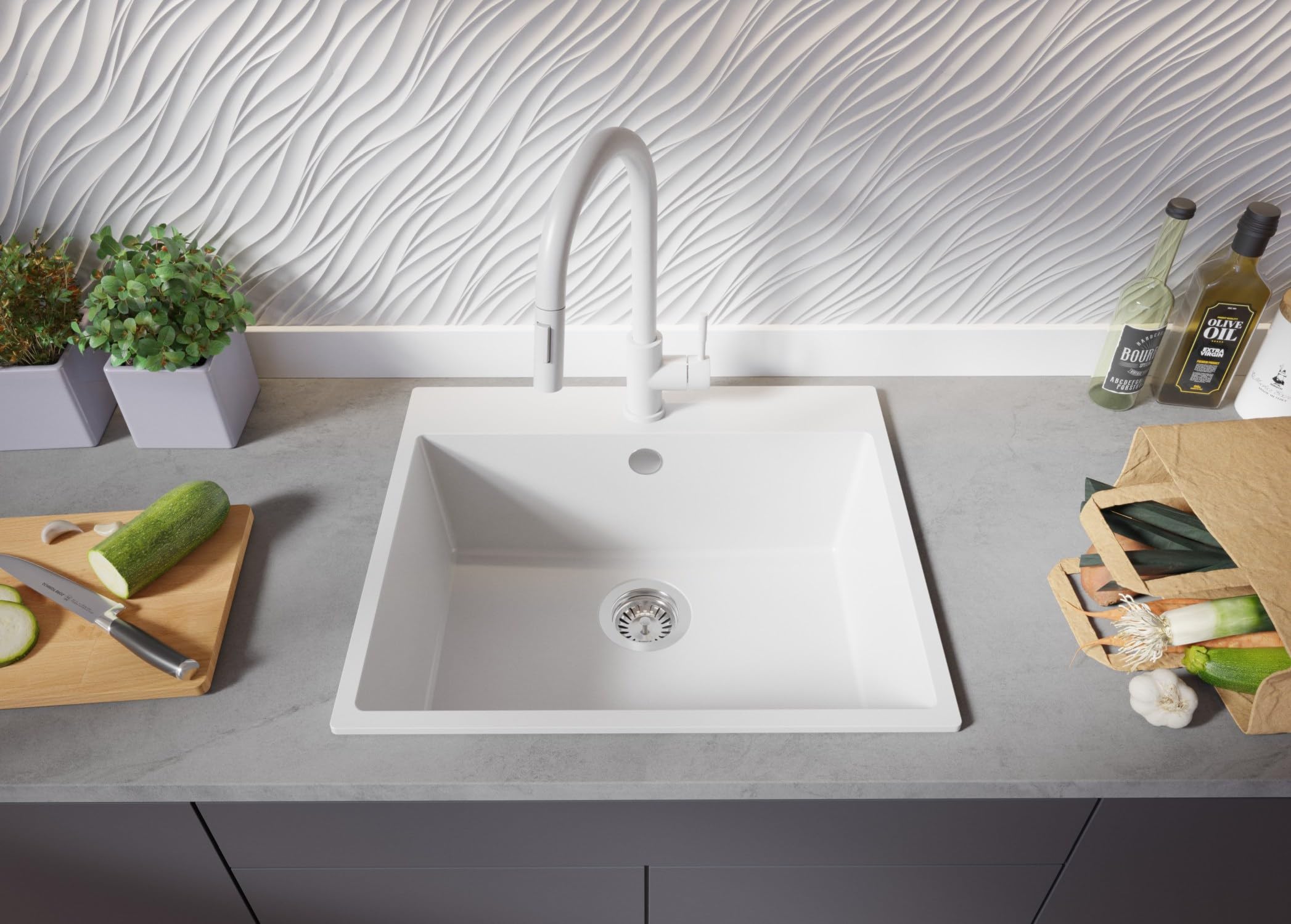 PRIMAGRAN Lavello da Cucina Tutto Bianco 58x50cm, Lavandino in Granito a 1 vasca + Sifone Classico, Lavabo da Cucina Incasso al Mobile 60cm - Riga S312