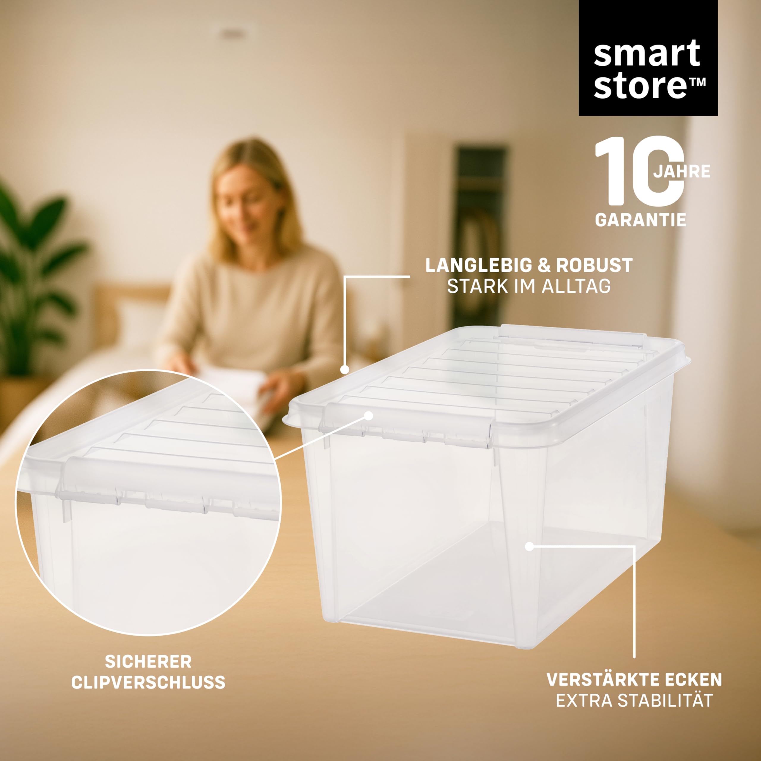 SmartStore Aufbewahrungsboxen 5er-Set 46L I Stapelbare Kunststoffbox mit Deckel I BPA-frei & lebensmittelecht I Organizer für Campingbus, Werkstatt oder Garage I durchsichtig und mit Clipverschluss