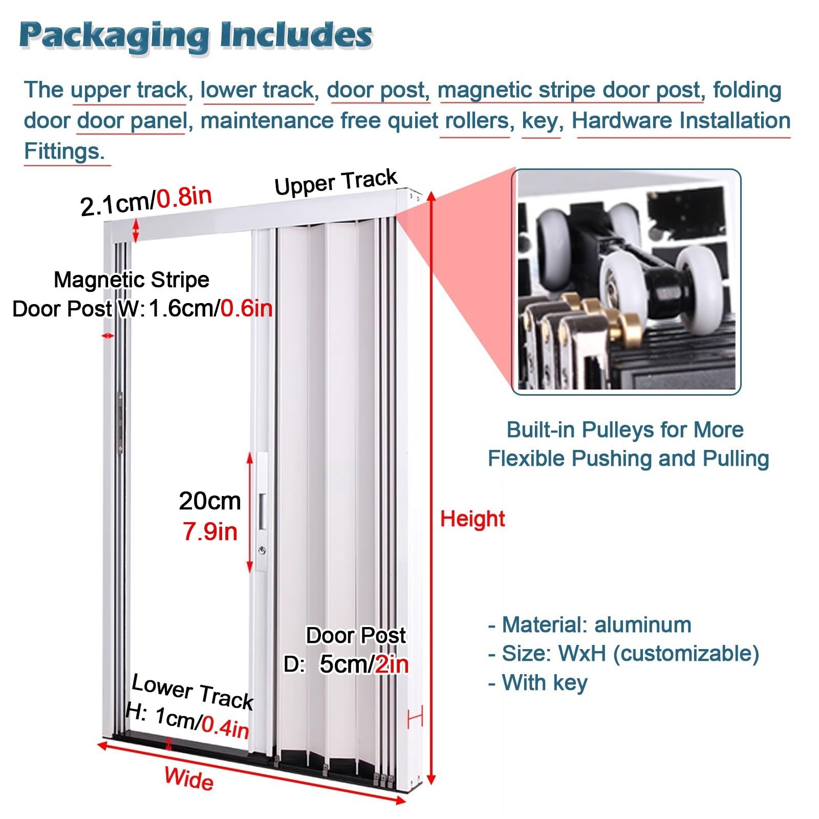 Puerta corredera plegable acordeon Interior Paneles de puertas de acordeón de aluminio con llave de bloqueo,Puerta plegable grande para puertas corredizas, puertas de armario y baño,Puerta divisoria t