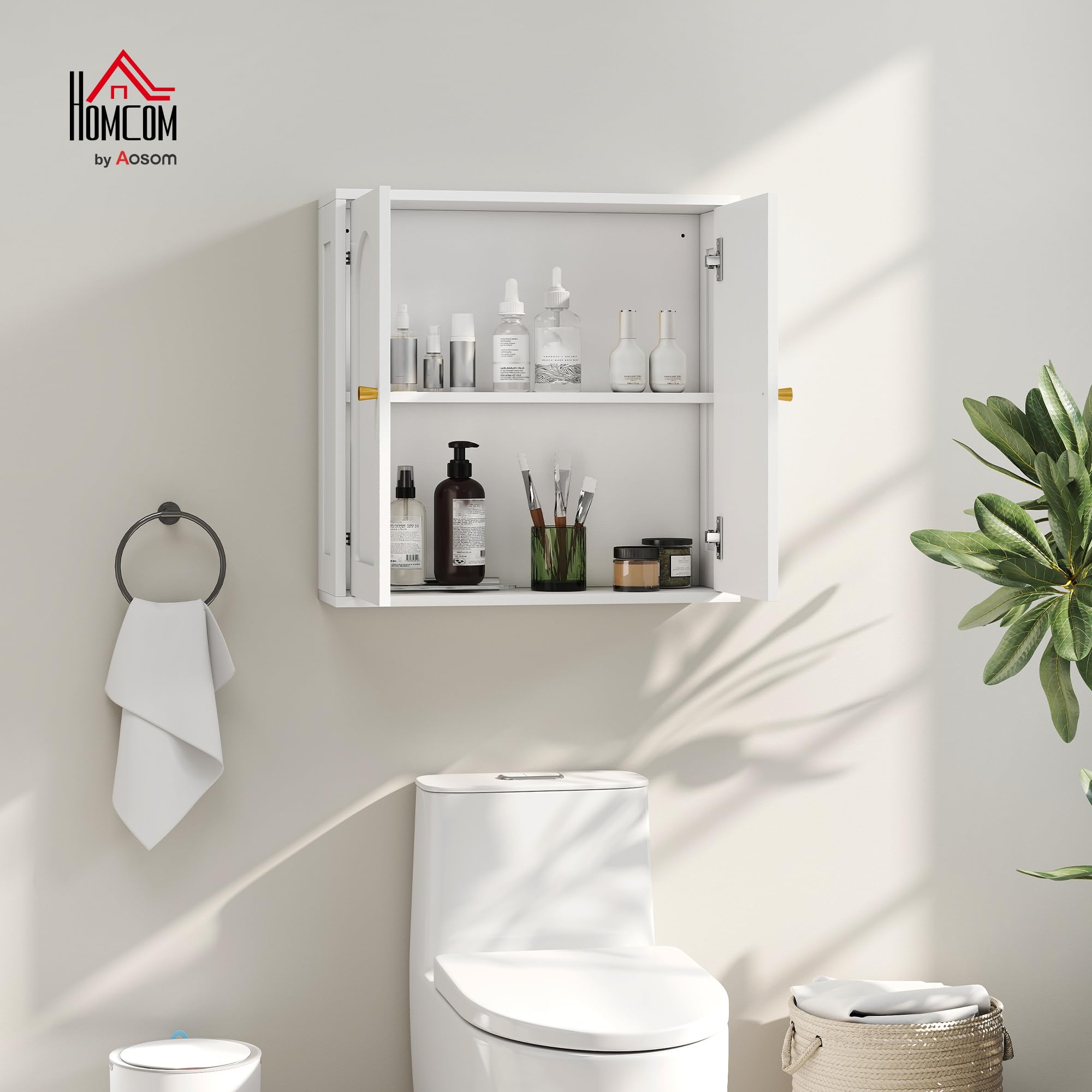HOMCOM Armoire Murale, Meuble Haut Salle de Bain Style Moderne avec Placard à Double Porte et poignées dorées, Meuble de Salle de Bain Suspendu, 60 x 20 x 60 cm, Blanc