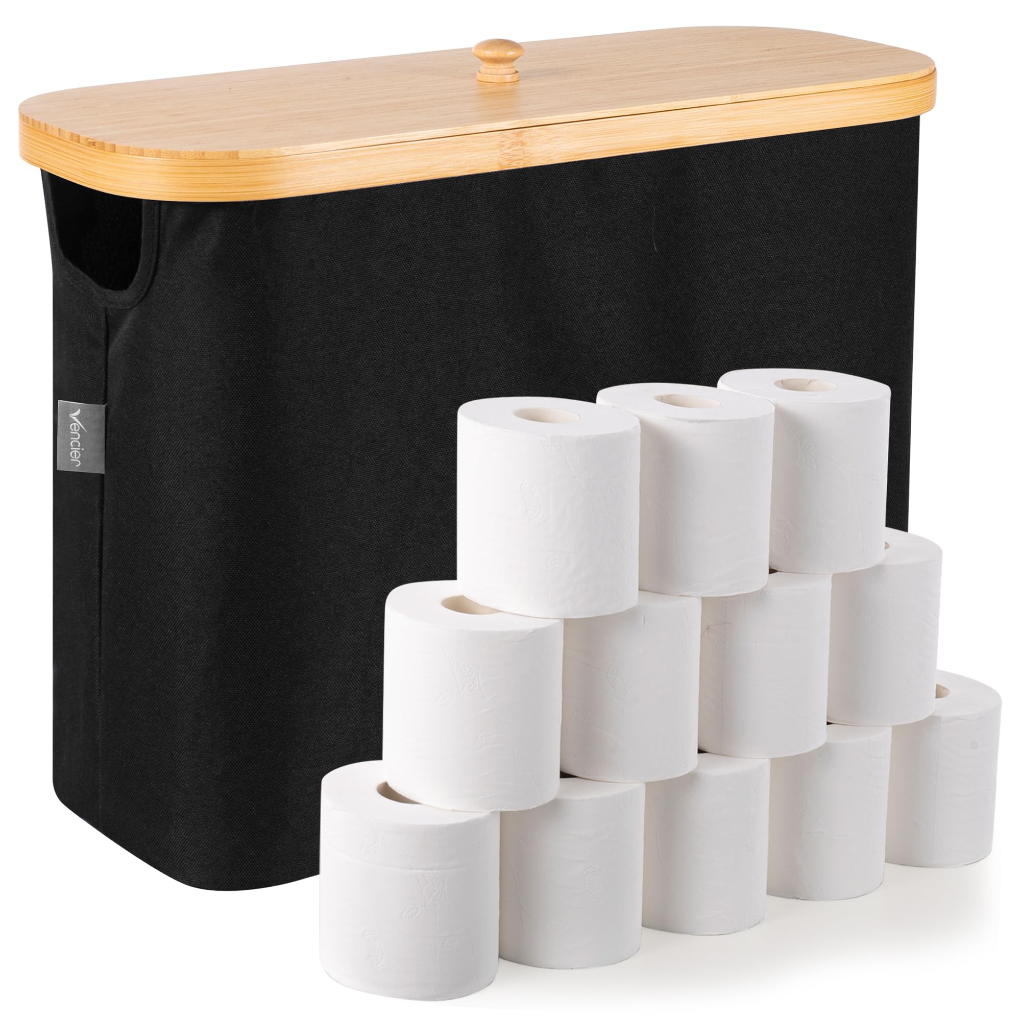 Vencier Black 23L Toilet Roll Storage (Holds 9 Rolls) – Bamboo Bathroom Storage Box With Lid & Handle | Multifunctional Toilet Paper Holder Stand & Basket Cabinet (, 23L)