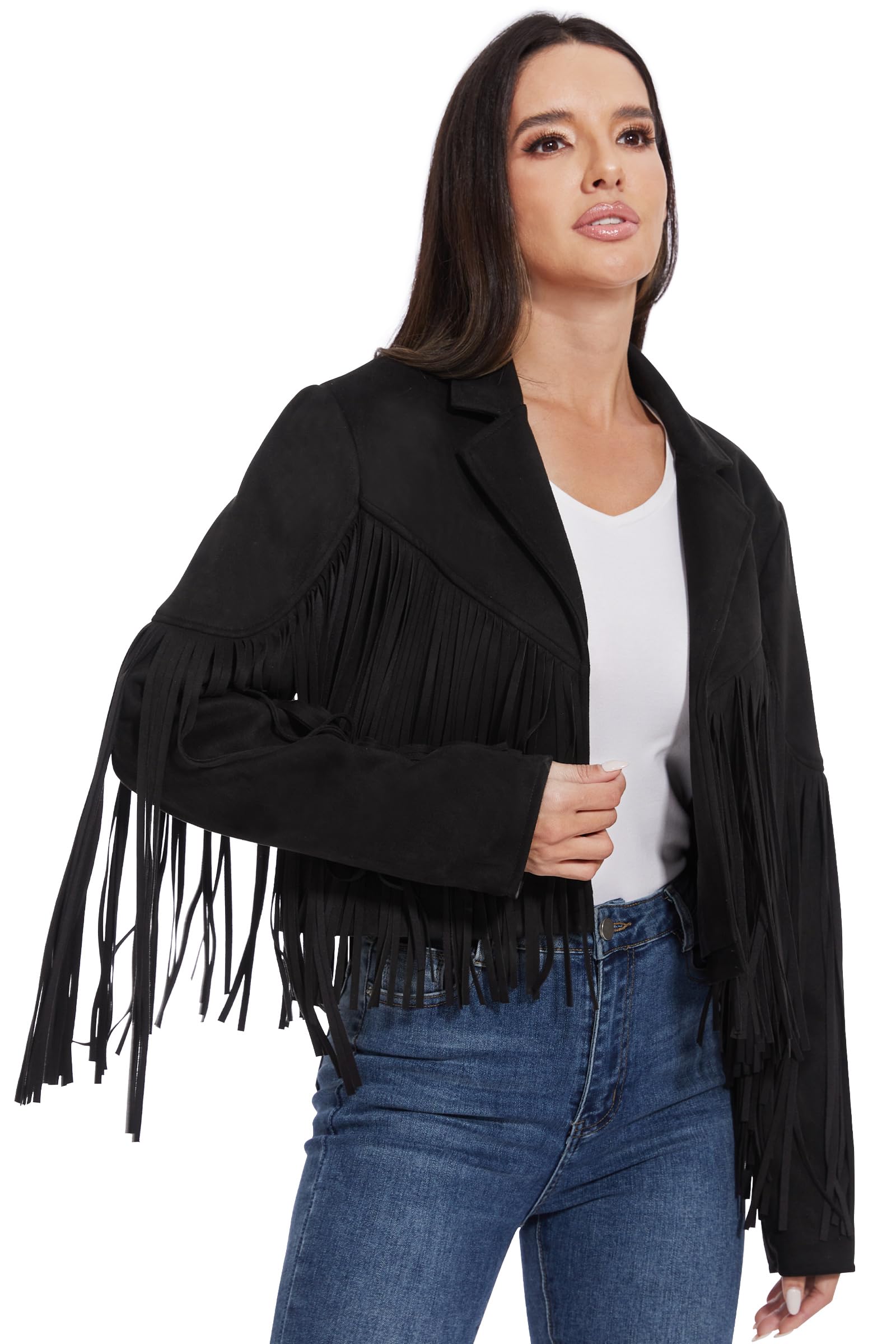 Fahsyee Giacche da donna in pelle con frange - Camoscio Faux Motocycle Biker Cappotto corto Vegan Blazer Pleather Moda nappa S-XXL