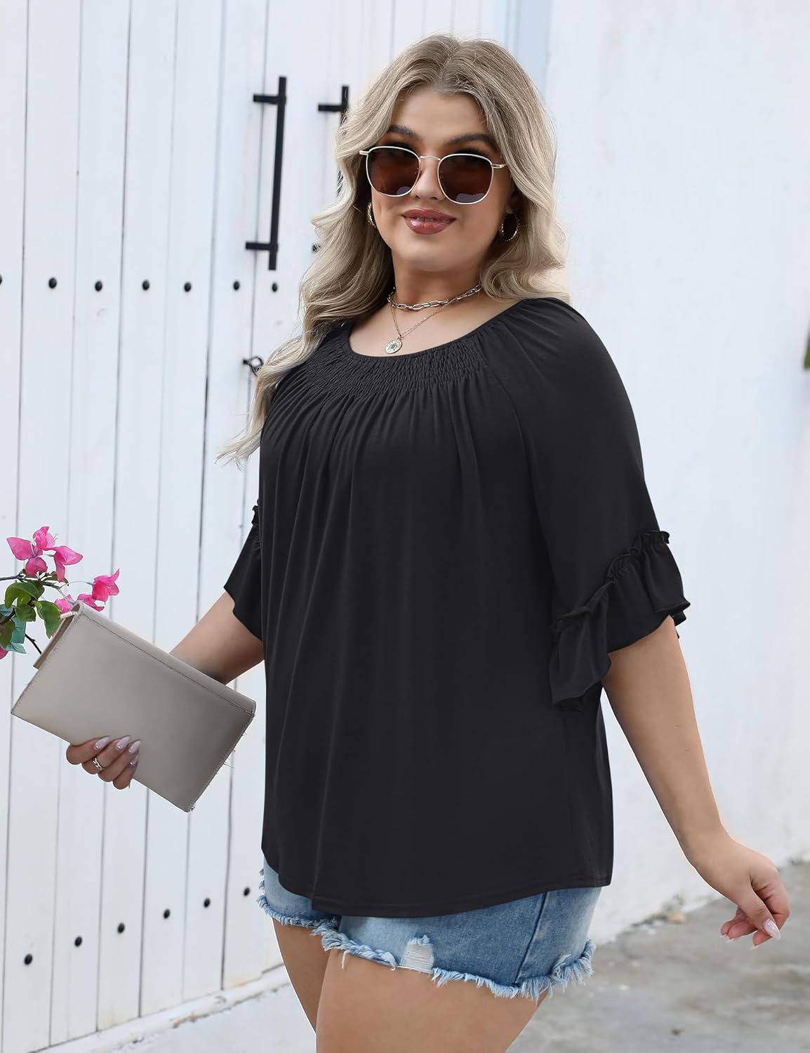 Micoson Womens Plus Size Tops 3/4 Ruffle Sleeve Shirts Crewneck Pleated Blouses Dressy Casual Fashion Tunic Top (1X-5X) - Image 3