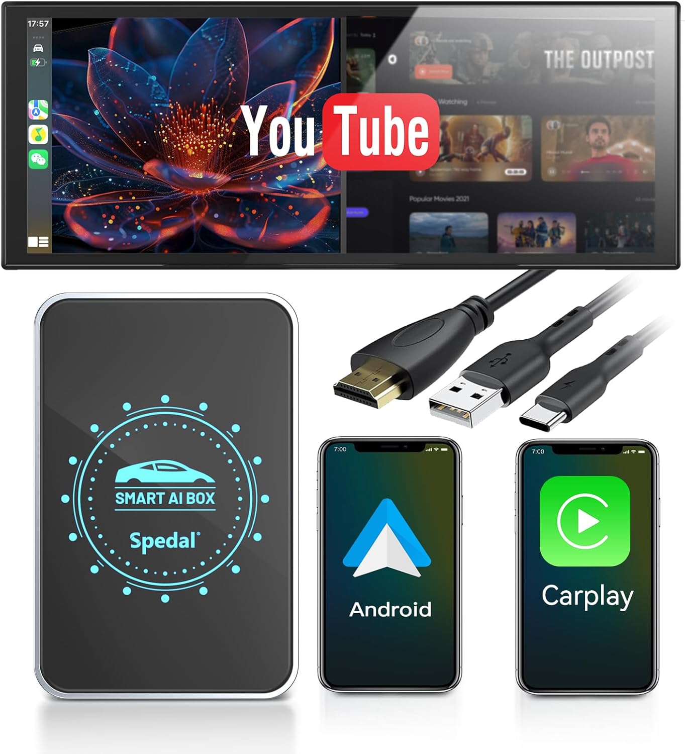 Spedal Netflix CarPlay Adapter | Wireless Car Play Smart Box with YouTube, HDMI Output, Dual WiFi, USB Media Player & OTA Upgrade | Car Video Entertainment Box for Wired CarPlay